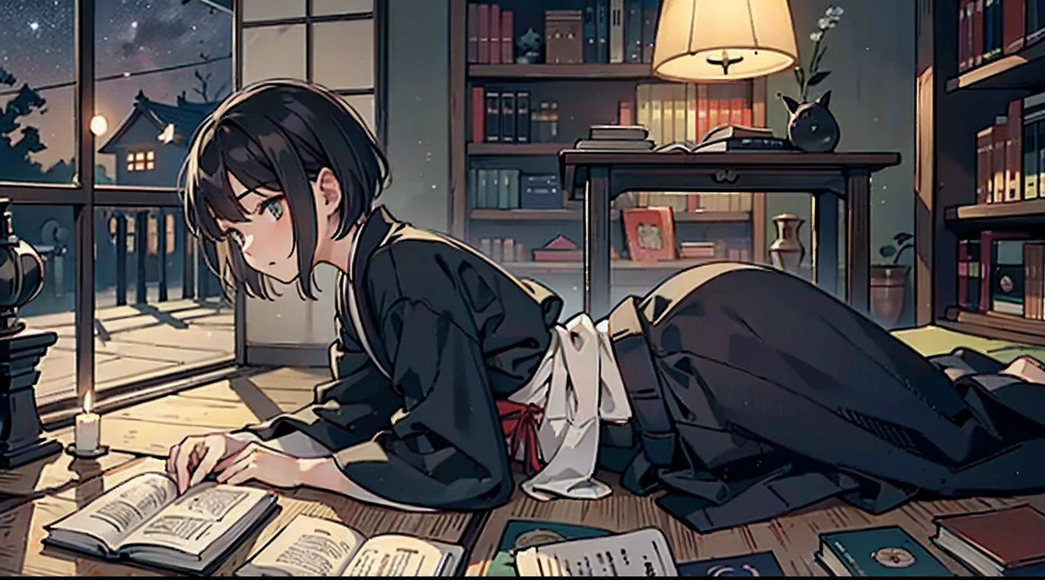 #Quality (intricate-detail、ultra-detailliert:1.2),
#night sky (darkness of night,no light),
#one writing boy (16 male、writer,Honor Students、A dark-haired、short-hair、hakama,sit flat),
#black room at night (no light,black cat,books on desk,one candle,pretty tatami,a lot of books,bookshelf)