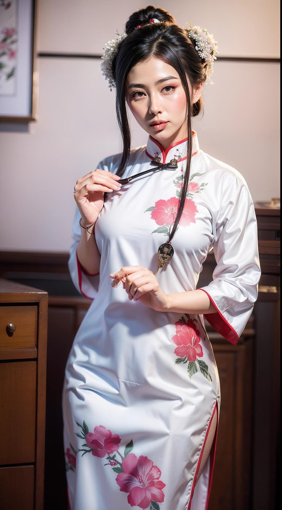 Chinese white cheongsam，The cheongsam is decorated with pink floral motifs，ancient china art style，Fashion model 18 years old [[[[closeup cleavage]]]], [[[[boobgasm]]]], [[[[coll]]]], [[[[bshoulders]]]], perfect  eyes, Perfect iris，Perfect lips，perfect teeth，Perfect skin，with fair skin，Soft front light，hdr，Movie girl，The expression was melancholy，The background is an ancient Chinese interior，4K Ultra HD, 超高分辨率, (Photorealistic: 1.4), Best quality，Masterpiece，Utra dilution，（pastel colour：1.2）