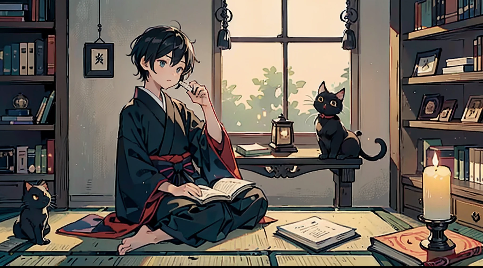 #Quality (intricate-detail、ultra-detailliert:1.2),
#night sky (darkness of night,no light),
#one writing boy (16 male、writer,Honor Students、A dark-haired、short-hair、hakama,sit flat),
#black room at night (no light,black cat,books on desk,one candle,pretty tatami,a lot of books,bookshelf)