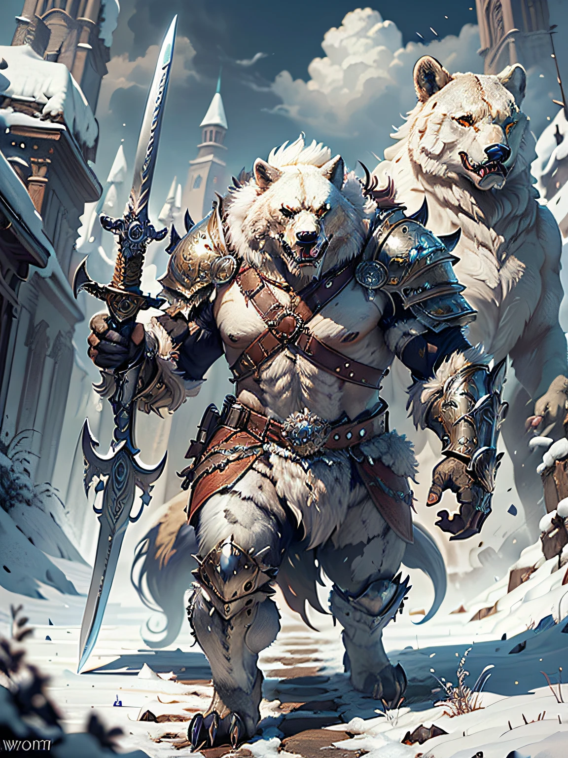 (A shield，White bear with sword and armor)， fur-clad barbarian goliath, fur armour, wearing intricate fur armor, (((Instantly roared))) intricate white armor, detailed white armor, wojtek fus, hyper-detailed fantasy character, wolf armor, Epic fantasy character art, furry fantasy art, god of winter, trends in art station