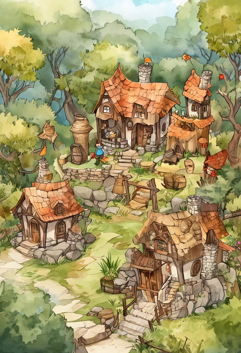 isometric house, estilo rpg, caricaturas, dnd, fantasia, Mobile Game,homem primitivo,osso de animal,pedra,Madeira, suspenso no ar