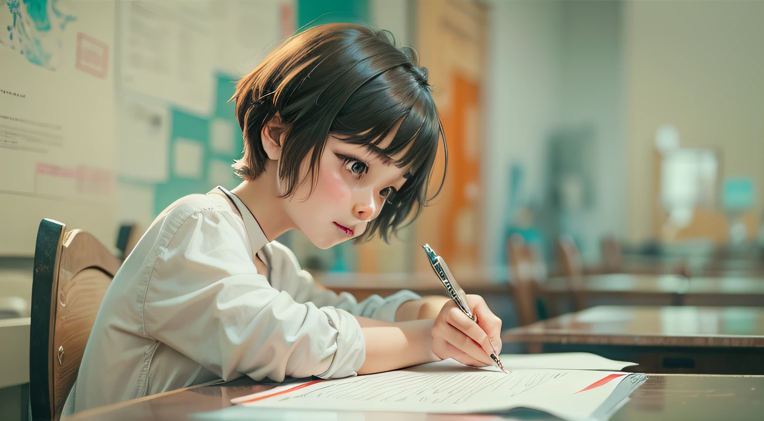 Girl with short hair writing on table