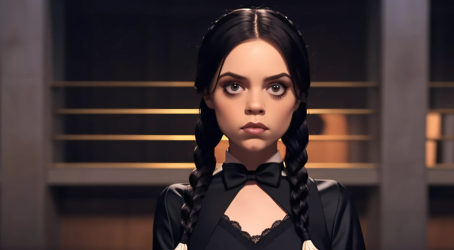 Wednesday Addams, um estilo de desenho animado caprichoso com fundo preto. Wednesday wearing a black dress and her unique braids, black dress and hair in two long braids. ((((rosto serio semblante sombrio ar de malfade no olhar))))