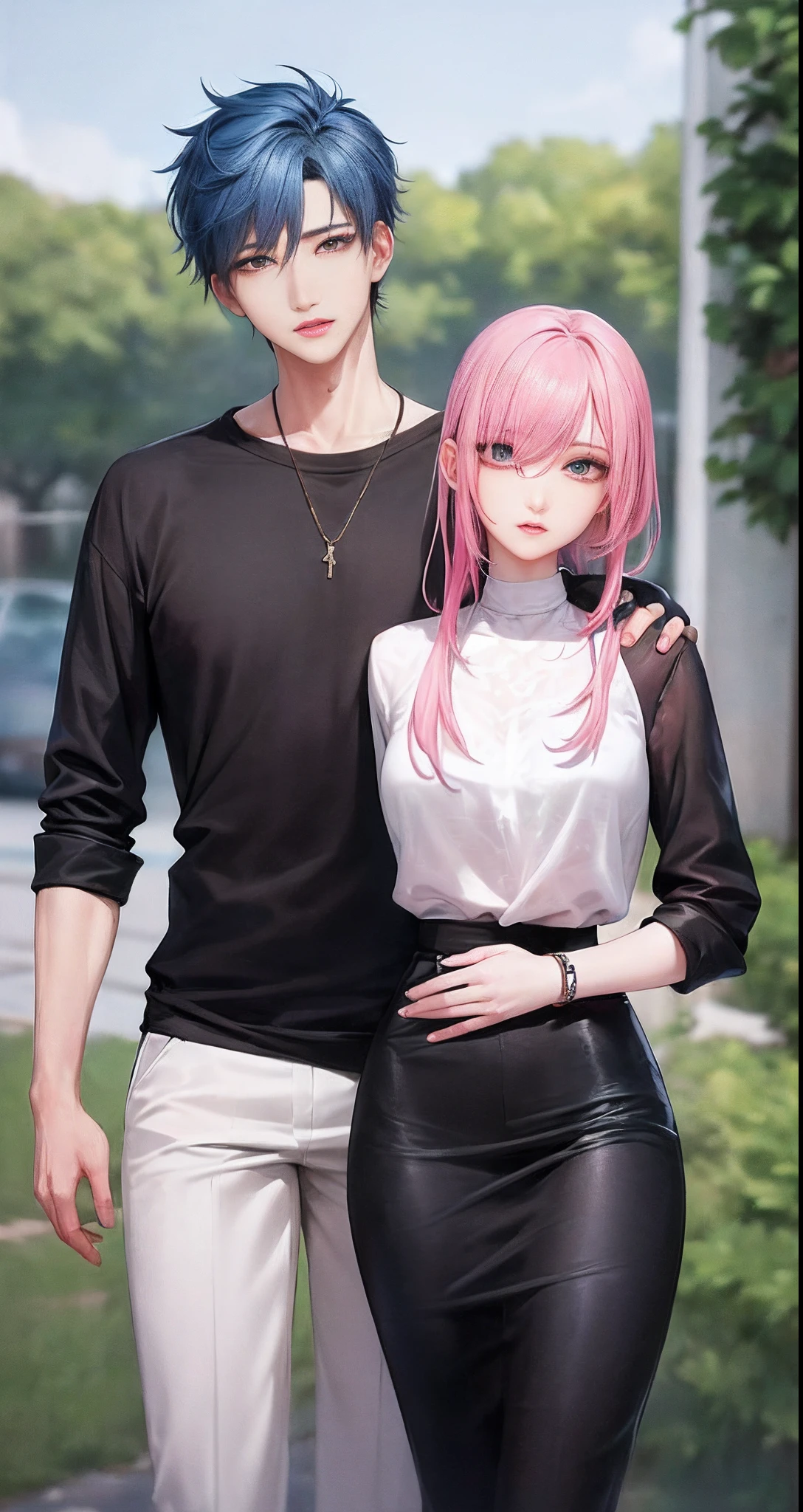 ((Male and female couples)), window, Idol Photos, Magazine covers, Photos of actors, Professional Photos, Height difference, tall male, Happiness, youthfulness, extra detailed face, detailed punk hair, very detailed character, inspired by Sim Sa-jeong, Cai Xukun's, detailed realistic faces, highly detailed realistic face, high detailed face anime, realistic detailed face, Accurate detailed face, attractive androgynous humanoid, Cool Korean fashion in black, ((With a man with light blue hair)), ((Woman with pink hair)), ((Woman with long hair below waist)), ((Man with short hair over ears)), ((Pink hair woman with gentle expression)), ((Man with light blue hair with wild expression)), high-level image quality, masterpiece, Photographed so that the whole body can be seen, Photographed to make clothes look beautiful, Take your eyes off, ((two individuals)), ((British couple))