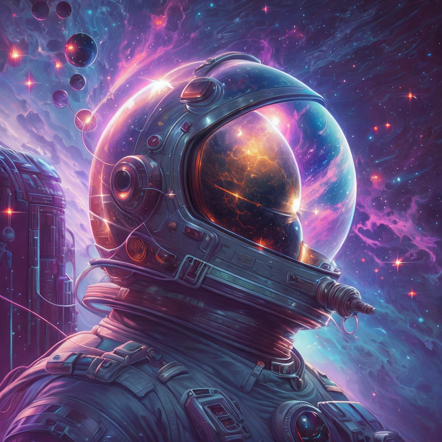 astronaut in space suit with galaxy reflected on helmet, jen bartel style, 80's style tomasz alen kopera, masterpiece, futuristic astronaut cyberpunk electric, 4k highly detailed digital art, sci-fi digital art illustration