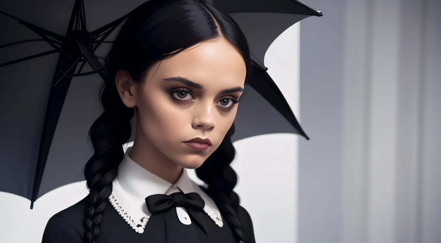 "Wednesday Addams com um olhar malicioso, dressed in black and her unique braids, em uma imagem de corpo inteiro, segurando um guarda-chuva preto."