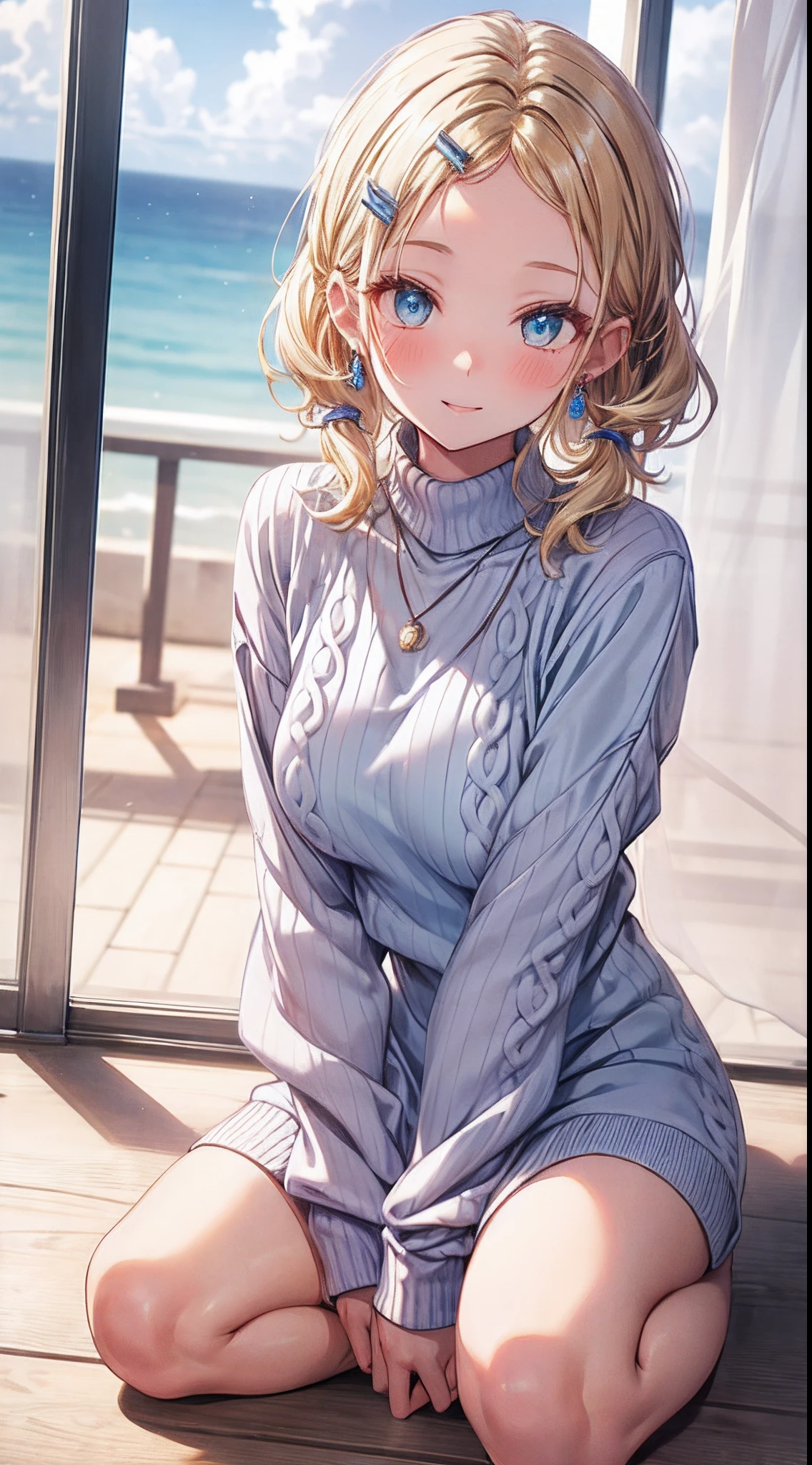 absurderes, ultra-detailliert,bright colour, extremely beautiful detailed anime face and eyes, view straight on, ;D, shiny_skin,25 years old, Short hair, (forehead:1.3), Blonde hair with short twin tails, Shiny hair, Delicate beautiful face, red blush、(cyan eyes:1.1), White skin, hair clips, earrings, a necklace, (blue praid sweater dress:1.5), Beautiful cloud, Dusk sky,full body