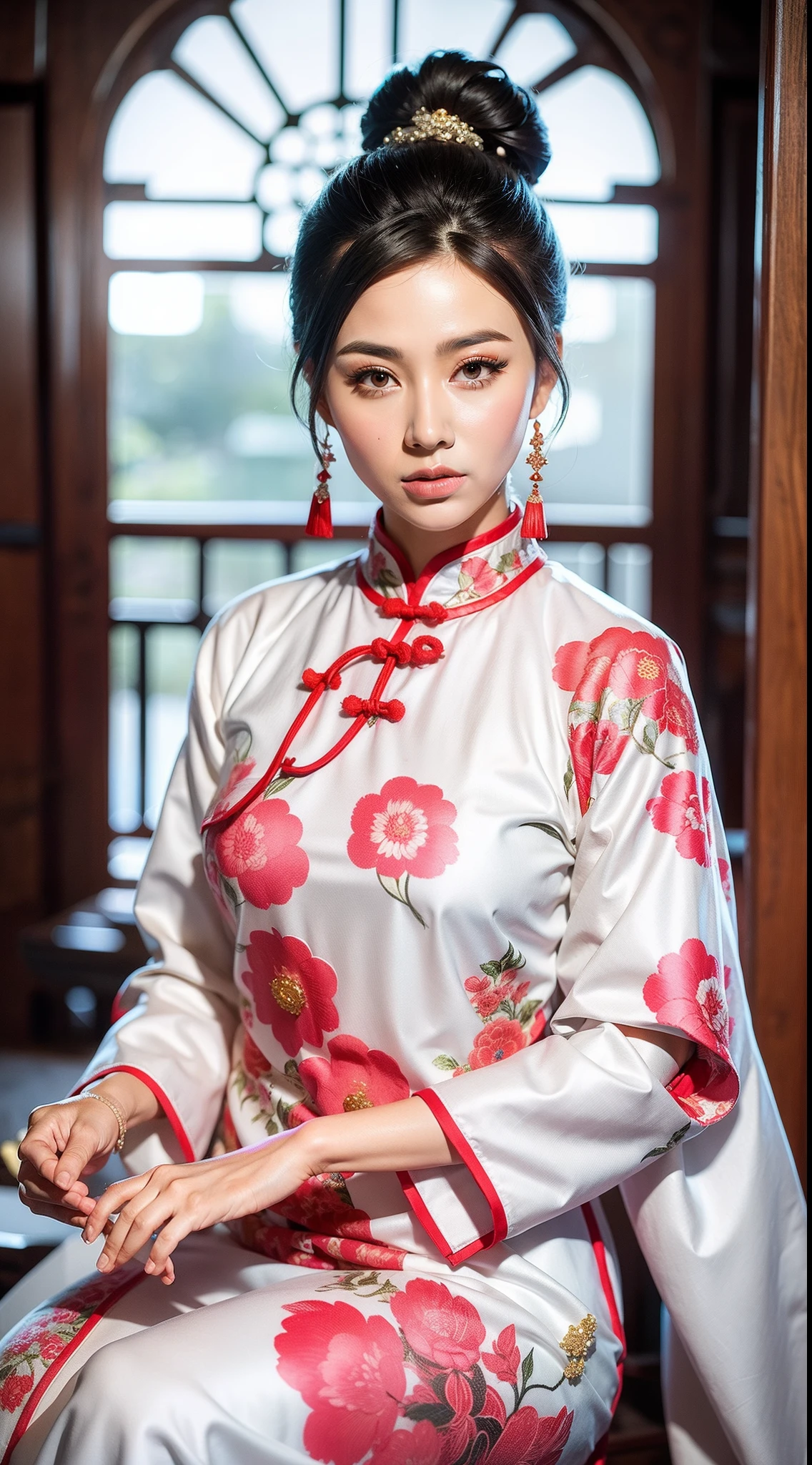 Chinese white cheongsam，The cheongsam is decorated with pink floral motifs，ancient china art style，Fashion model 18 years old [[[[closeup cleavage]]]], [[[[boobgasm]]]], [[[[coll]]]], [[[[bshoulders]]]], perfect  eyes, Perfect iris，Perfect lips，perfect teeth，Perfect skin，with fair skin，Soft front light，hdr，Movie girl，The expression was melancholy，The background is an ancient Chinese interior，4K Ultra HD, 超高分辨率, (Photorealistic: 1.4), Best quality，Masterpiece，Utra dilution，（pastel colour：1.2）