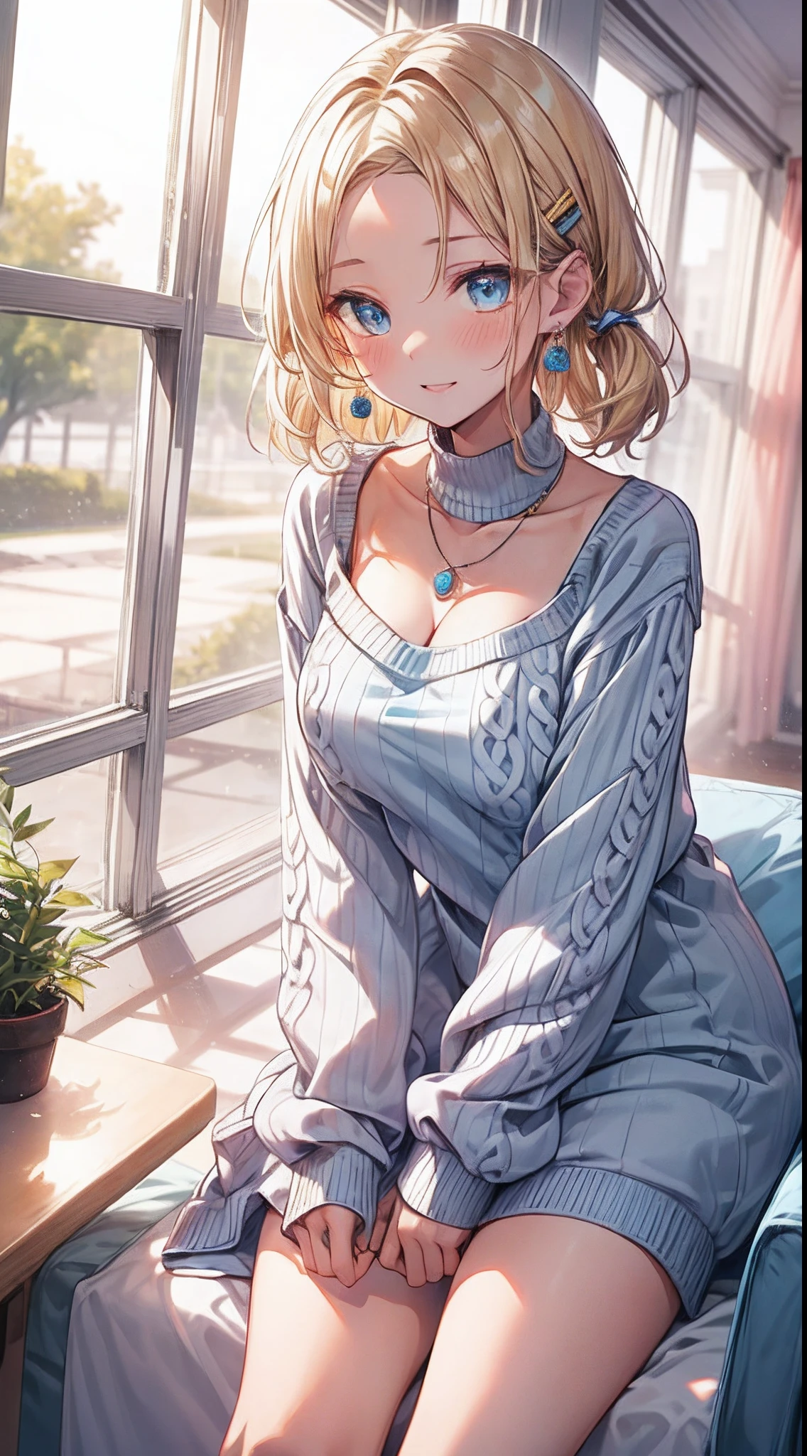 absurderes, ultra-detailliert,bright colour, extremely beautiful detailed anime face and eyes, view straight on, ;D, shiny_skin,25 years old, Short hair, (forehead:1.3), Blonde hair with short twin tails, Shiny hair, Delicate beautiful face, red blush、(cyan eyes:1.1), White skin, hair clips, earrings, a necklace, (blue praid sweater dress:1.5), Beautiful cloud, Dusk sky,full body