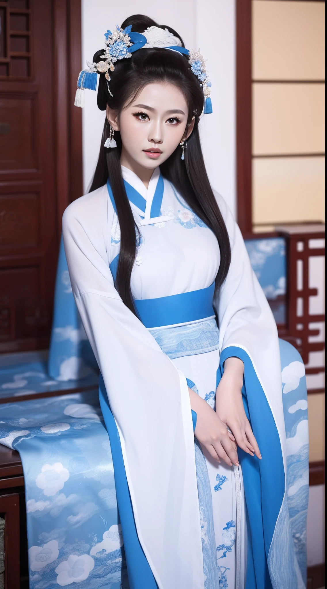 Blue and white porcelain style，Ancient Chinese clothing，white apparel，The clothing has a blue and white pattern，ancient china art style，Fashion model 18 years old [[[[closeup cleavage]]]], [[[[boobgasm]]]], [[[[coll]]]], [[[[bshoulders]]]], perfect  eyes, Perfect iris，Perfect lips，perfect teeth，Perfect skin，with fair skin，Soft front light，hdr，Movie girl，long whitr hair，The expression was melancholy，The background is an ancient Chinese interior，4K Ultra HD, 超高分辨率, (Photorealistic: 1.4), Best quality，Masterpiece，Utra dilution，（pastel colour：1.2）