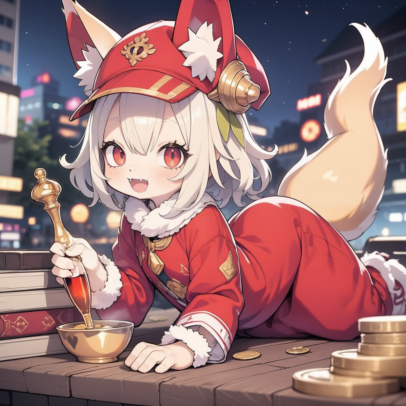 Little pink fox，（monocle），merchant clothes，（Lying in gold coins），Hold a goblet with red wine，small hat，Big gold ring，Ray traching，blurryforeground,fox ear，fox tails，Fox fangs，Smug laughter，（Pink theme），solo person，Gorgeous gold-rimmed dress，hi-tech style，Beautiful halo，Vista City at night，Bright colors，High saturation，（（small loli）），flatchest