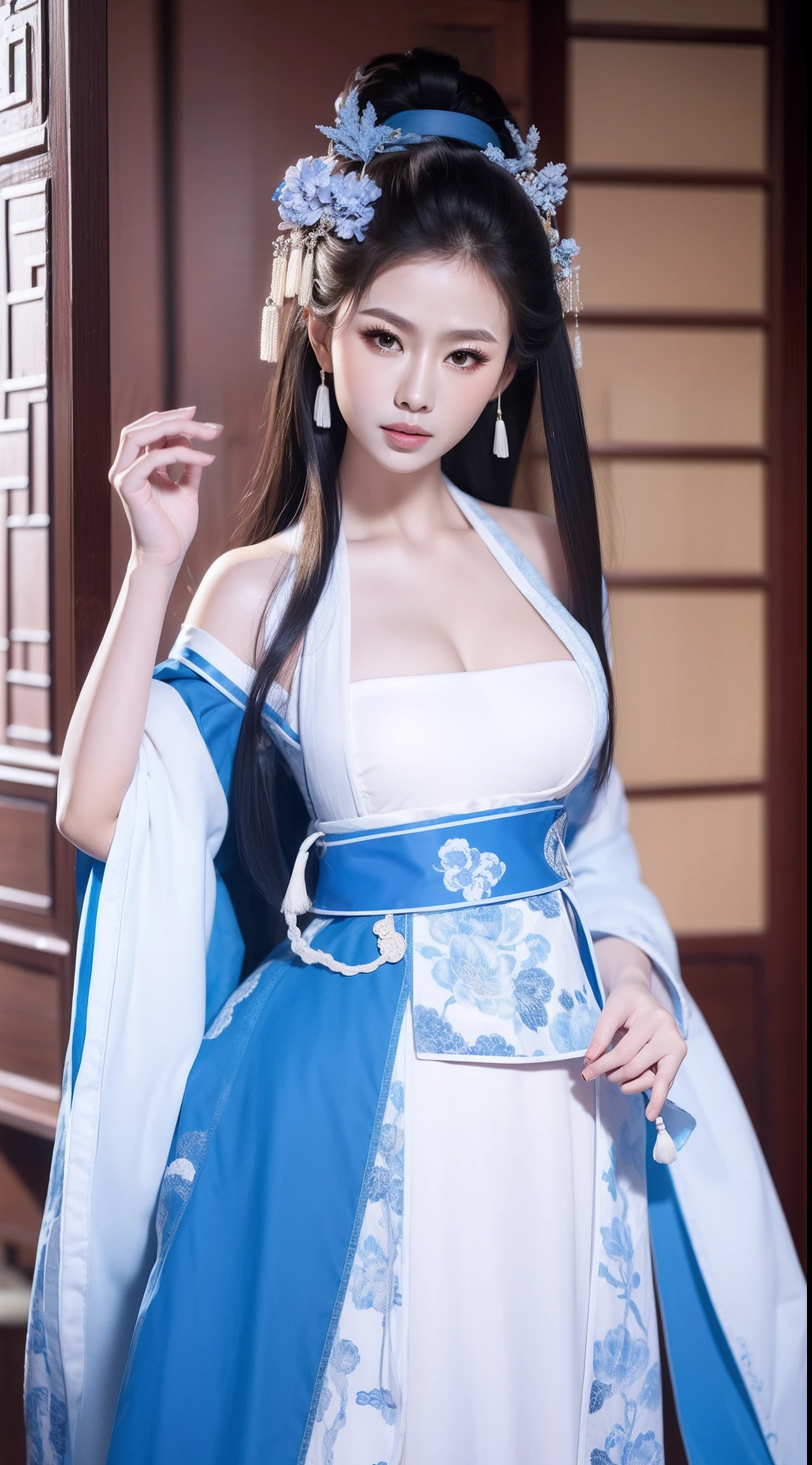 Blue and white porcelain style，Ancient Chinese clothing，white apparel，The clothing has a blue and white pattern，ancient china art style，Fashion model 18 years old [[[[closeup cleavage]]]], [[[[boobgasm]]]], [[[[coll]]]], [[[[bshoulders]]]], perfect  eyes, Perfect iris，Perfect lips，perfect teeth，Perfect skin，with fair skin，Soft front light，hdr，Movie girl，long whitr hair，The expression was melancholy，The background is an ancient Chinese interior，4K Ultra HD, 超高分辨率, (Photorealistic: 1.4), Best quality，Masterpiece，Utra dilution，（pastel colour：1.2）