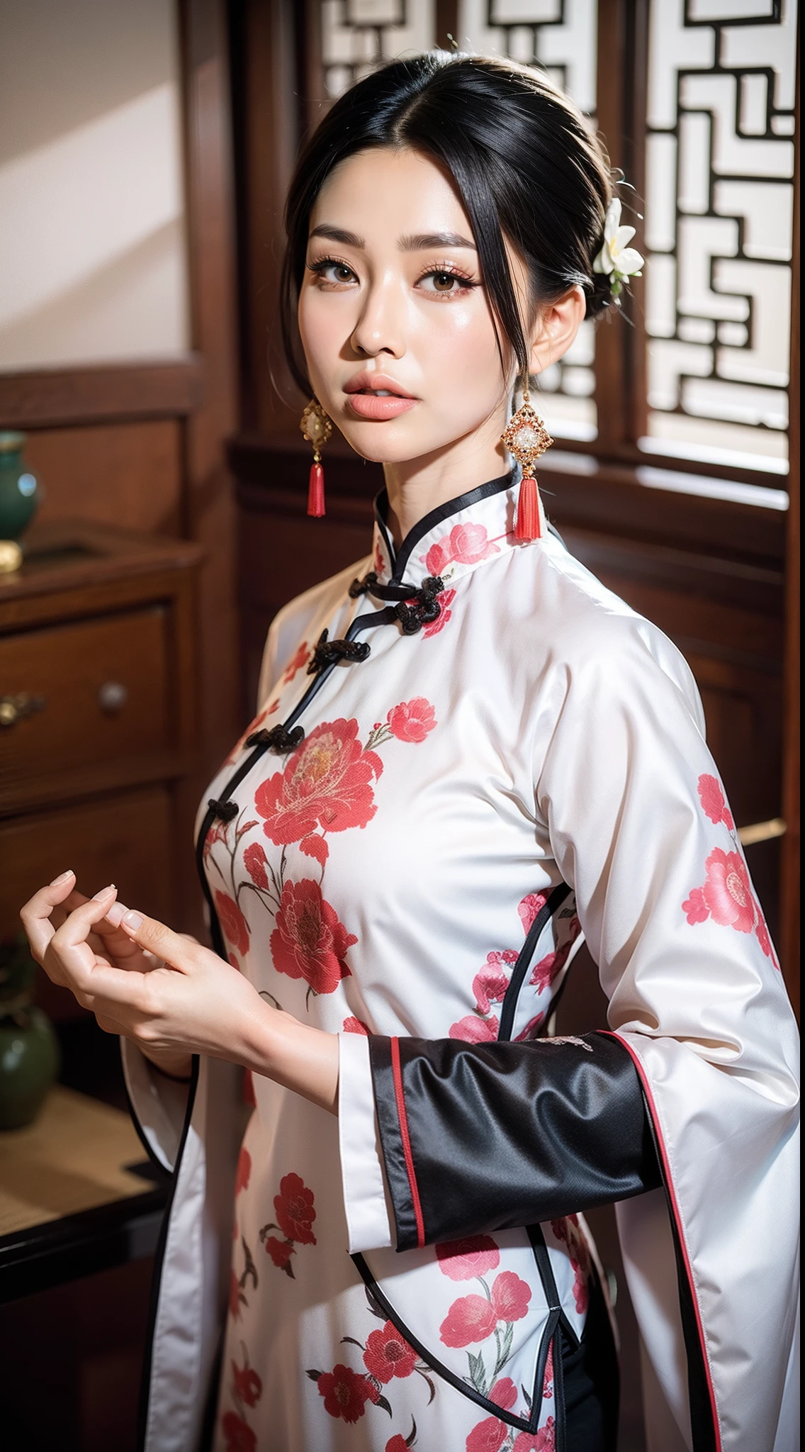 Chinese white cheongsam，The cheongsam is decorated with pink floral motifs，ancient china art style，Fashion model 18 years old [[[[closeup cleavage]]]], [[[[boobgasm]]]], [[[[coll]]]], [[[[bshoulders]]]], perfect  eyes, Perfect iris，Perfect lips，perfect teeth，Perfect skin，with fair skin，Soft front light，hdr，Movie girl，The expression was melancholy，The background is an ancient Chinese interior，4K Ultra HD, 超高分辨率, (Photorealistic: 1.4), Best quality，Masterpiece，Utra dilution，（pastel colour：1.2）