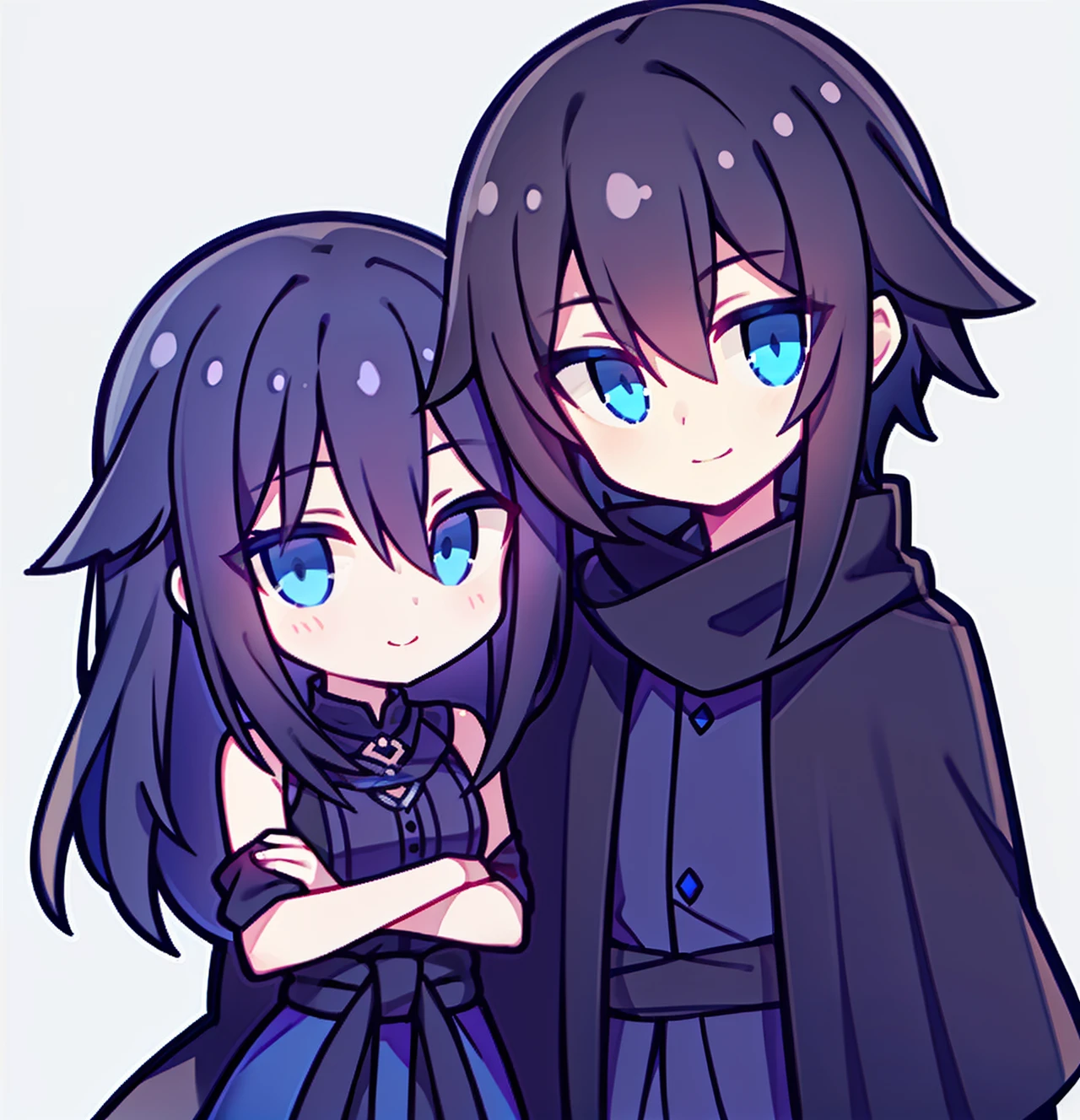 Slightly longer black hair,The blue-eyed boy wrapped his arm around the waist of a girl wearing an extra-long black shawl,blue eyes,A slight smil,Hair fluttering slightly