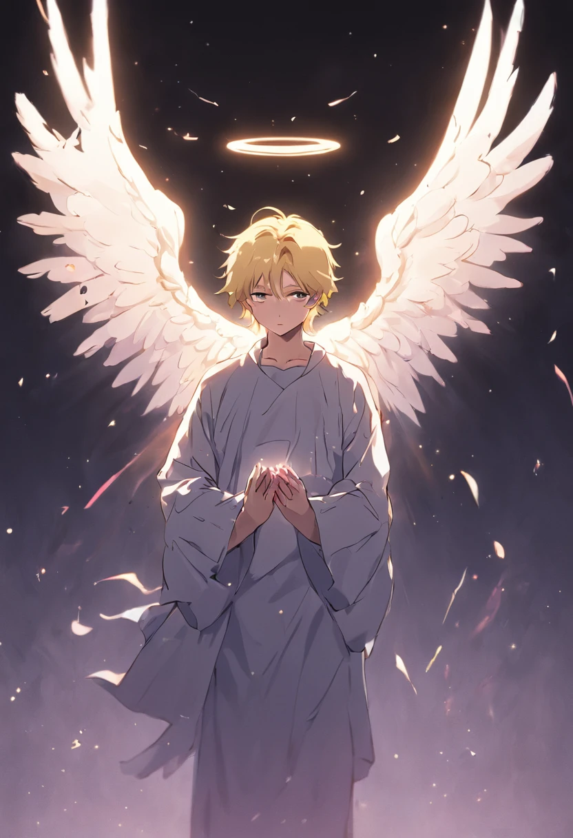 Angel with male wings blonde hair in heaven with bible in hand