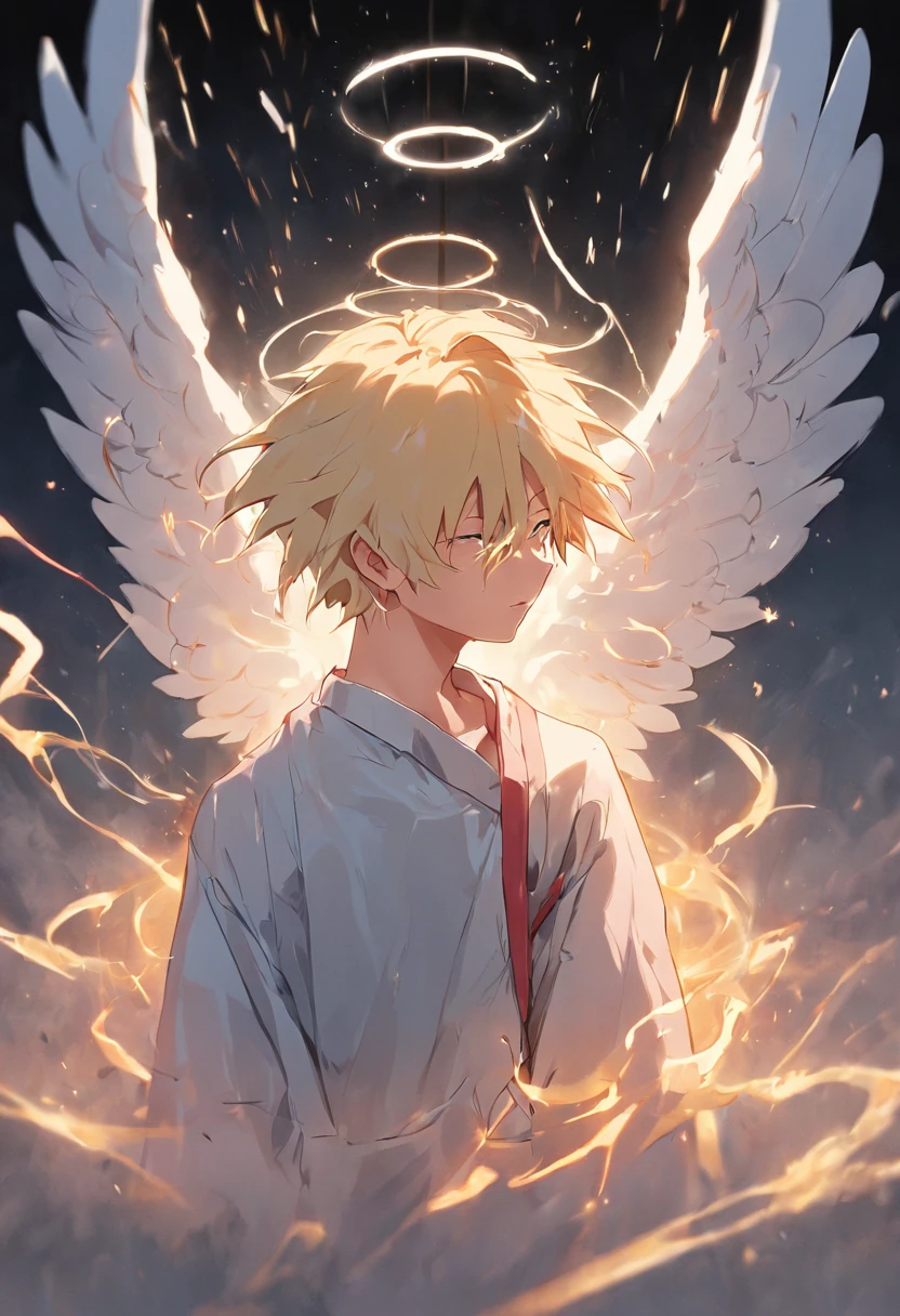 Angel with male wings blonde hair in heaven with bible in hand