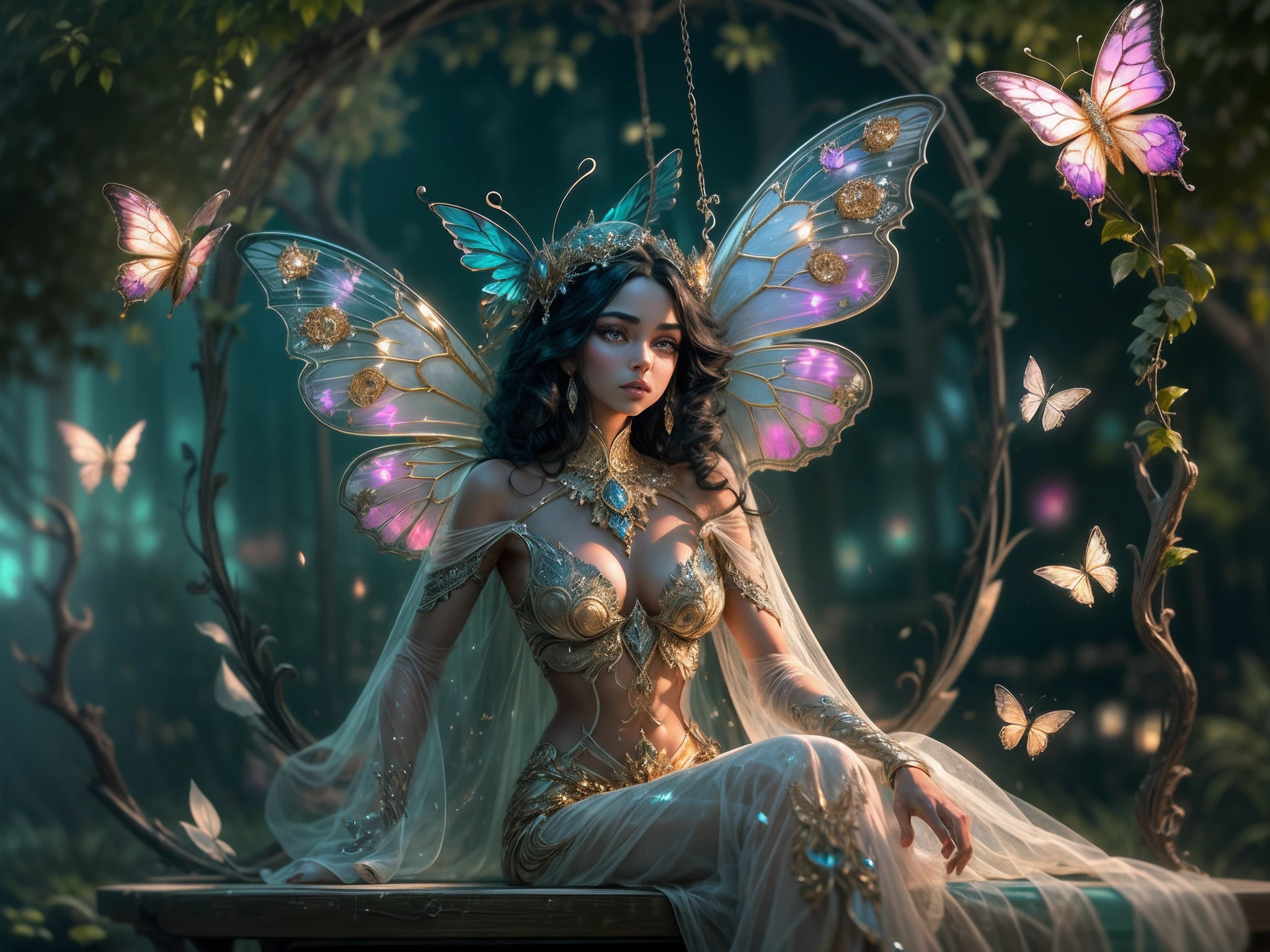 This is a realistic fantasy masterpiece with lots of shimmer, glitter, and intricate ornate detail. Generate one petite woman with a beautiful and delicate crown sitting on a garden swing at night. She is a beautiful and seductive butterfly queen with stunning curly black hair, (((incredibly realistic and detailed dynamic eyes in bright colors with realistic shading))). Her skin is translucent white, her eyes sparkle, and her dress is elegant. Her dress is spun of the finest gossamer silk with delicate, intricate, and subtle floral detailing and gold silk butterfly sleeves. Her face is lovely and lonely. Include glow-in-the-dark flowers, lots of particles, highly realistic fantasy butteflies with translucent jewel-toned wings and fine detailing, and glow. The artwork is done in the style of Guviz and brings to mind masters in the genre such as trending fantasy works on Artstation and Midjourney. Camera: Utilize dynamic composition techniques to emphasize etherealness and delicate detail.