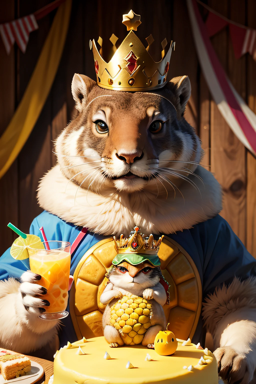 American marmot wearing a crown,anthropomorphic turtle,Mango juice drink in hand,Birthday cake in front of you,Hyper-realistic