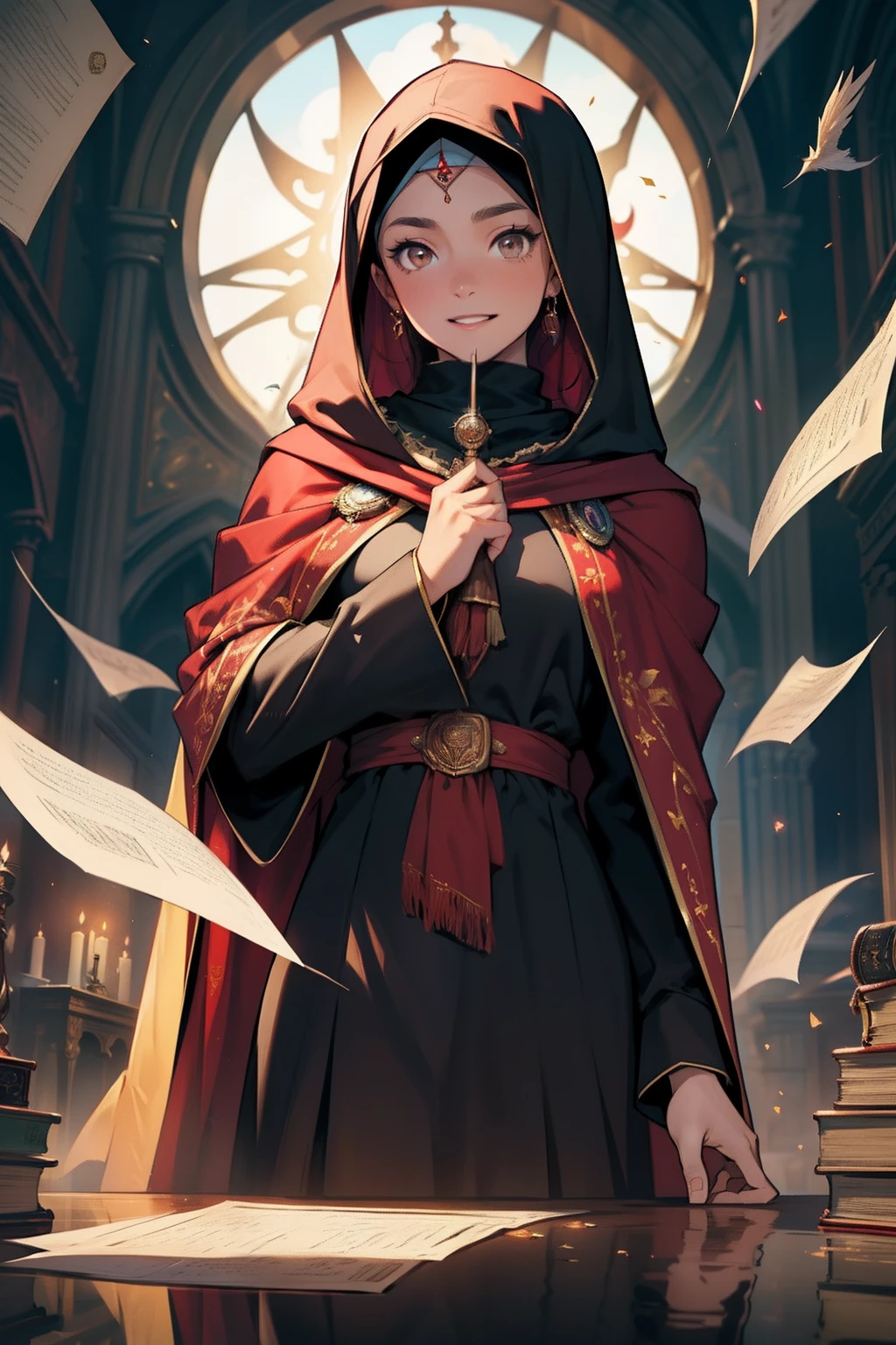 ((masterpiece:1.2), (best quality:1.2), looking at viewer, bare and fair skin,Wizarding world, shimmer reflected on shawl, shawl hijab, energetic , smily, happy , 17 year old malay girl, dark shawl, dark hijab, black eyes, victorian simple dress, gryffindor, red color, active young girl holding wand, medium B cup breast, charming young lady, Gryffindor robe, harry potter style, light brown eyes. With papers flying around. wearing full shawl covering hair.
