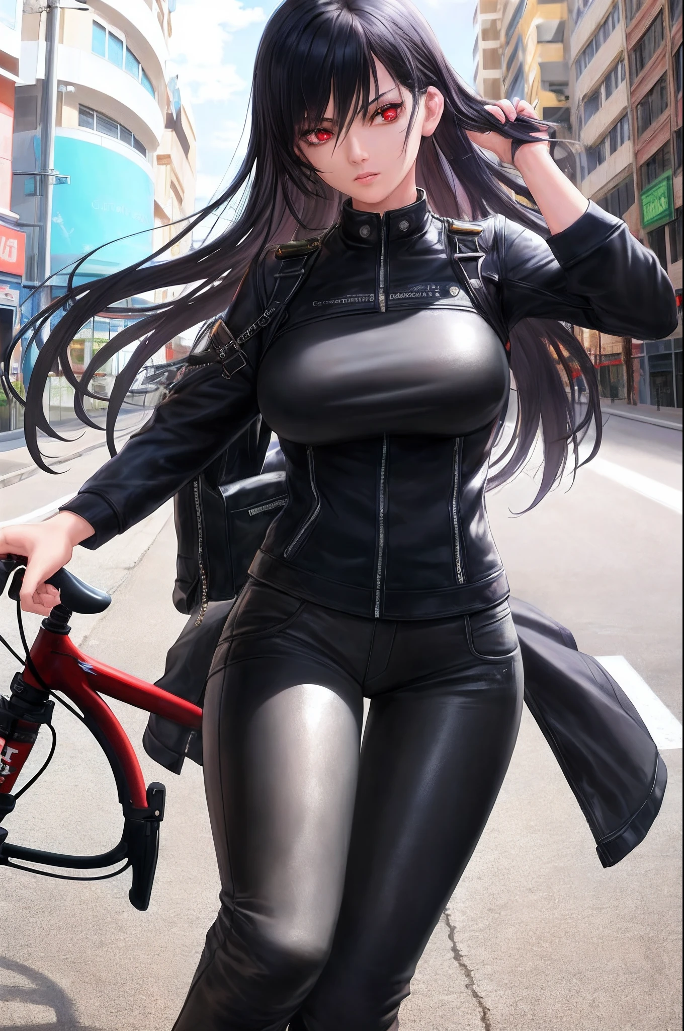 1girl, beautiful girl, Body Length 150 cm, 20 years old, (black hair, Rebel Hairstyle) , (Red eyes), realistic eyes, beautiful and sharp eyes), masculine clothing, Biker clothing, medium breasts, (8k wallpaper), (Street wallpaper) 8k, high quilty, realistic, beautiful realistic, Cool details, raw photo, realistic clothing, black hair, realistic hair, realistic eyes, Light and cool lighting, photo realistic, Cel shaded, Gel lighting, ultra details, ((Riding a bike on the street)), (in the morning)