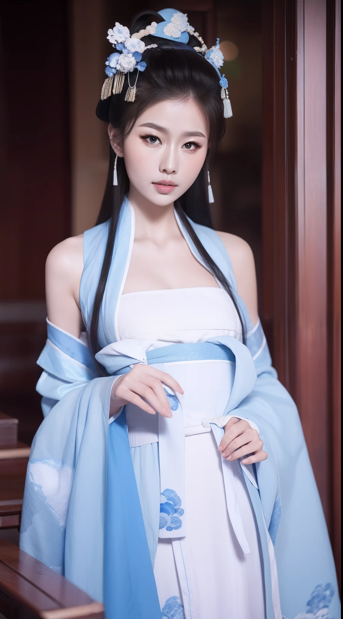 Blue and white porcelain style，Ancient Chinese clothing，white apparel，The clothing has a blue and white pattern，ancient china art style，Fashion model 18 years old [[[[closeup cleavage]]]], [[[[boobgasm]]]], [[[[coll]]]], [[[[bshoulders]]]], perfect  eyes, Perfect iris，Perfect lips，perfect teeth，Perfect skin，with fair skin，Soft front light，hdr，Movie girl，long whitr hair，The expression was melancholy，The background is an ancient Chinese interior，4K Ultra HD, 超高分辨率, (Photorealistic: 1.4), Best quality，Masterpiece，Utra dilution，（pastel colour：1.2）