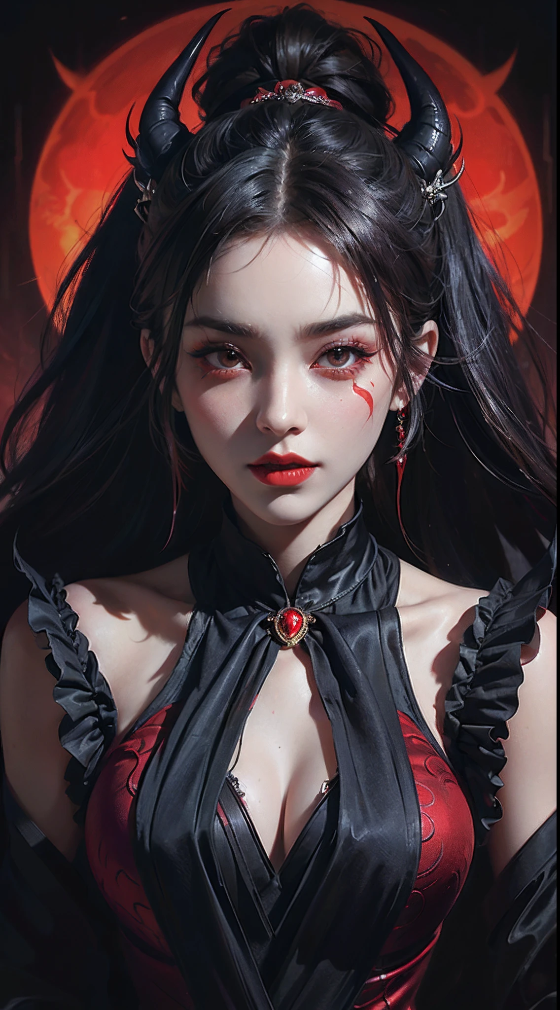 (masterpiece:1.2, best quality), (finely detailed beautiful eyes: 1.2), (detailed background,dark fantasy), (beautiful detailed face), high contrast, (best illumination, an extremely delicate and beautiful), ((cinematic light)), colorful, hyper detail, dramatic light, intricate details, (1 girl, solo,black hair, sharp face,low twintails,red eyes, hair between eyes,dynamic angle), (blood splatter:1.4), swirling black light around the character, depth of field,black light particles,(broken glass),magic circle,
