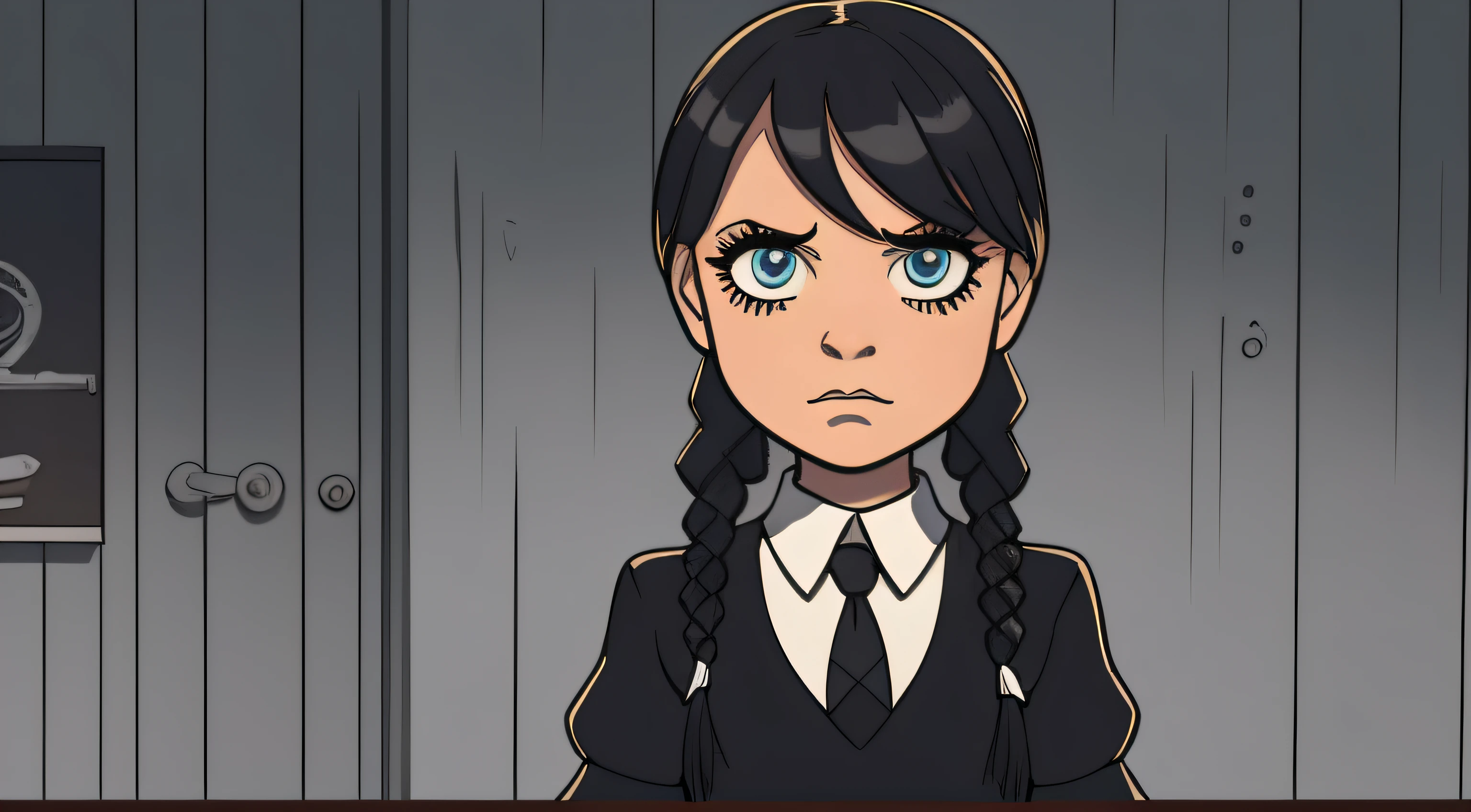 "(((Classic Cartoon Style))), A dark version of Wednesday Addams with a mischievous look and a mysterious expression, dressed in the iconic black American school uniform and with her characteristically unique braids, ((Foto frontal))."