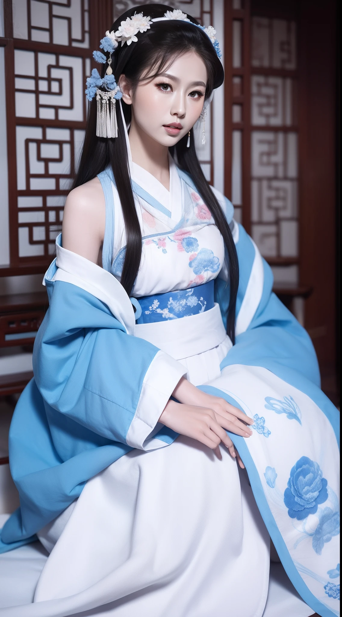 Blue and white porcelain style，Ancient Chinese clothing，white apparel，The clothing has a blue and white pattern，ancient china art style，Fashion model 18 years old [[[[closeup cleavage]]]], [[[[boobgasm]]]], [[[[coll]]]], [[[[bshoulders]]]], perfect  eyes, Perfect iris，Perfect lips，perfect teeth，Perfect skin，with fair skin，Soft front light，hdr，Movie girl，long whitr hair，The expression was melancholy，The background is an ancient Chinese interior，4K Ultra HD, 超高分辨率, (Photorealistic: 1.4), Best quality，Masterpiece，Utra dilution，（pastel colour：1.2）