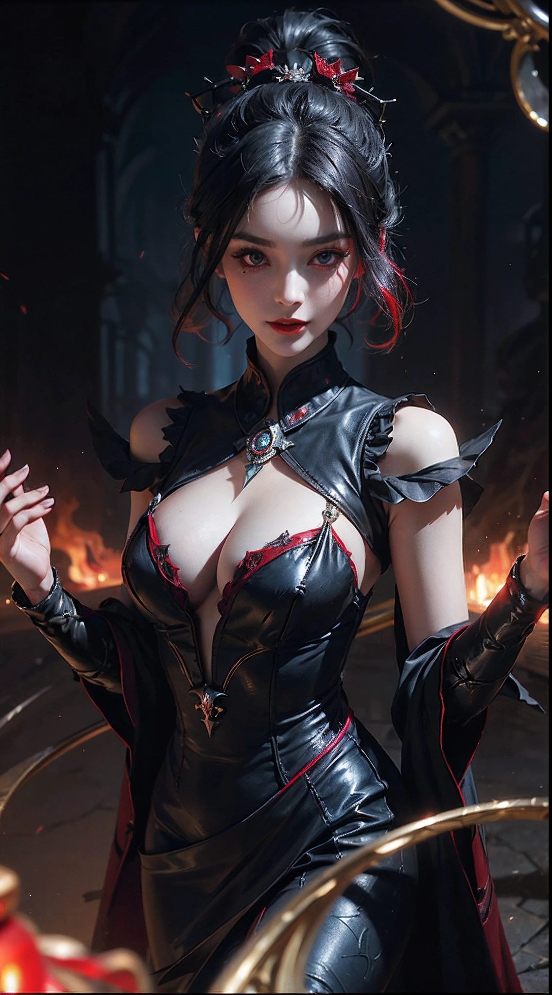 1 beautiful devil woman from hell, In the Dark: 1.6), surreal female portrait by David Hockney and Alphonse Mucha, fantasy art, korea doll, photorealism, dynamic lighting, artstation, poster, volumetric lighting, very detailed faces, 8k ultra, Awarded, in the dark, deep shadow, low key, cowboy lens, (Red phoenix dress: 1.4), long hair, black hair, bust, luxurious palace, Royal style, devil crown, red eyes make up very sharp and detailed, The most beautiful face, The breasts are very big and round and round, Super realistic, chinese women's clothing, polo neck sweater, Charming smile, The eyes are very well made up, guweiz, devil style, wearing black mesh socks, Ponytail with a bow tied at the back of the hair, Red black lips, Devil tattoo on shoulder, wearing a thin red and black robe, the landscape is overcast and thunderous, (Portrait), Close-up of the main character, (Background details 1.8),