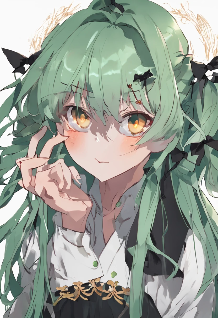 Anime girl with long green hair and white and black top, Nasida from the original god,No ears