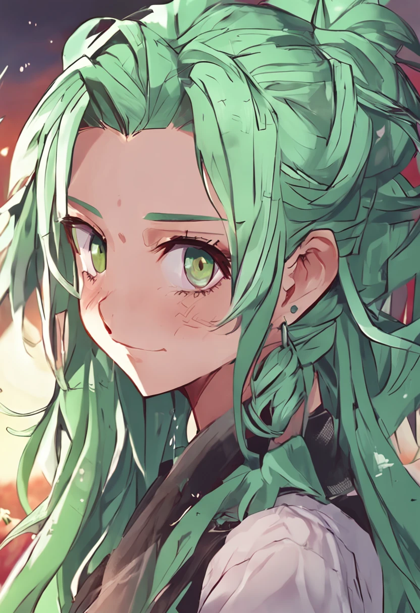 Anime girl with long green hair and white and black top, Nasida from the original god,No ears