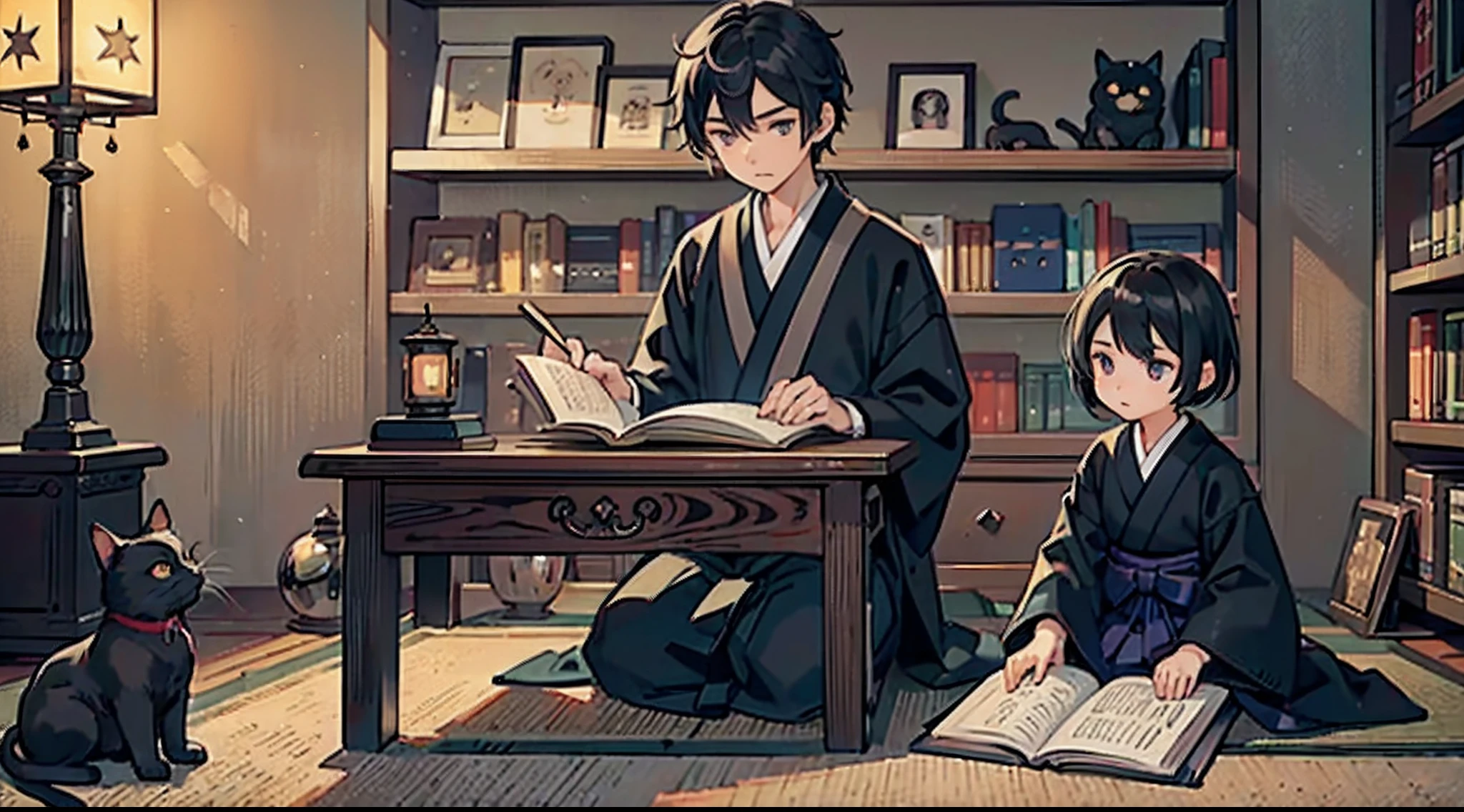 #Quality (intricate-detail、ultra-detailliert:1.2),
#night sky (darkness of night,no light),
#one writing boy (16 male、writer,Honor Students、A dark-haired、short-hair、hakama,sit flat),
#black room at night (no light,black cat,books on desk,one candle,pretty tatami,a lot of books,bookshelf)