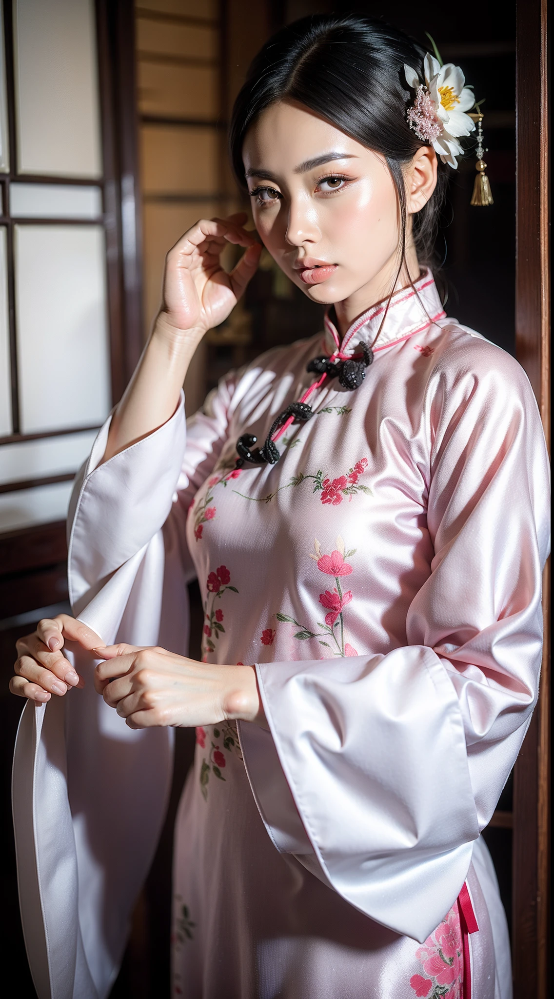 Chinese white cheongsam，The cheongsam is decorated with pink floral motifs，ancient china art style，Fashion model 18 years old [[[[closeup cleavage]]]], [[[[boobgasm]]]], [[[[coll]]]], [[[[bshoulders]]]], perfect  eyes, Perfect iris，Perfect lips，perfect teeth，Perfect skin，with fair skin，Soft front light，hdr，Movie girl，The expression was melancholy，The background is an ancient Chinese interior，4K Ultra HD, 超高分辨率, (Photorealistic: 1.4), Best quality，Masterpiece，Utra dilution，（pastel colour：1.2）