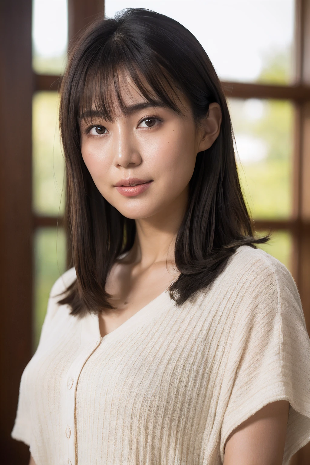 (in 8K, top-quality, ​masterpiece:1.2), (realisitic, Photorealsitic:1.37), ultra-detailliert, Natural sunlight, mideum breasts, Valley, 1 persons, 35-year-old woman, Dark hair, Pendants, Torn shorts, Light Knit V-Neck Shirt, extremely detailed face and skin, A detailed eye, extremely detailed face and skin