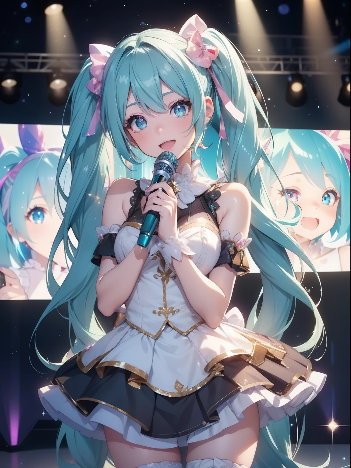 masutepiece, High resolution, 8K, anime woman, Delicate and detailed writing 、Detailed digital illustration、Very long hair and shiny、Bangs、a very beautiful woman、Eyes are double, Large, Bust is D cup、High image quality, High quality、Detailed background、(((Wearing idol clothes)))、((Glittering live stage backdrop))、The inside of the eye shines like a diamond、Pale light blue hair、Gradient pupil、(((2 arms、4 fingers, 1 thumb)))、Detailed female face、Very beautiful and cute woman、、细致背景、masterpiece、Soft Focus , Bright gradient watercolor , Lens Flare , (((Glitter))) , Glow , Dreamy , (((Holding a glitter microphone in your hand)))、a miniskirt、Idol、((miku hatsune))、(((Pigtails)))、Laughing