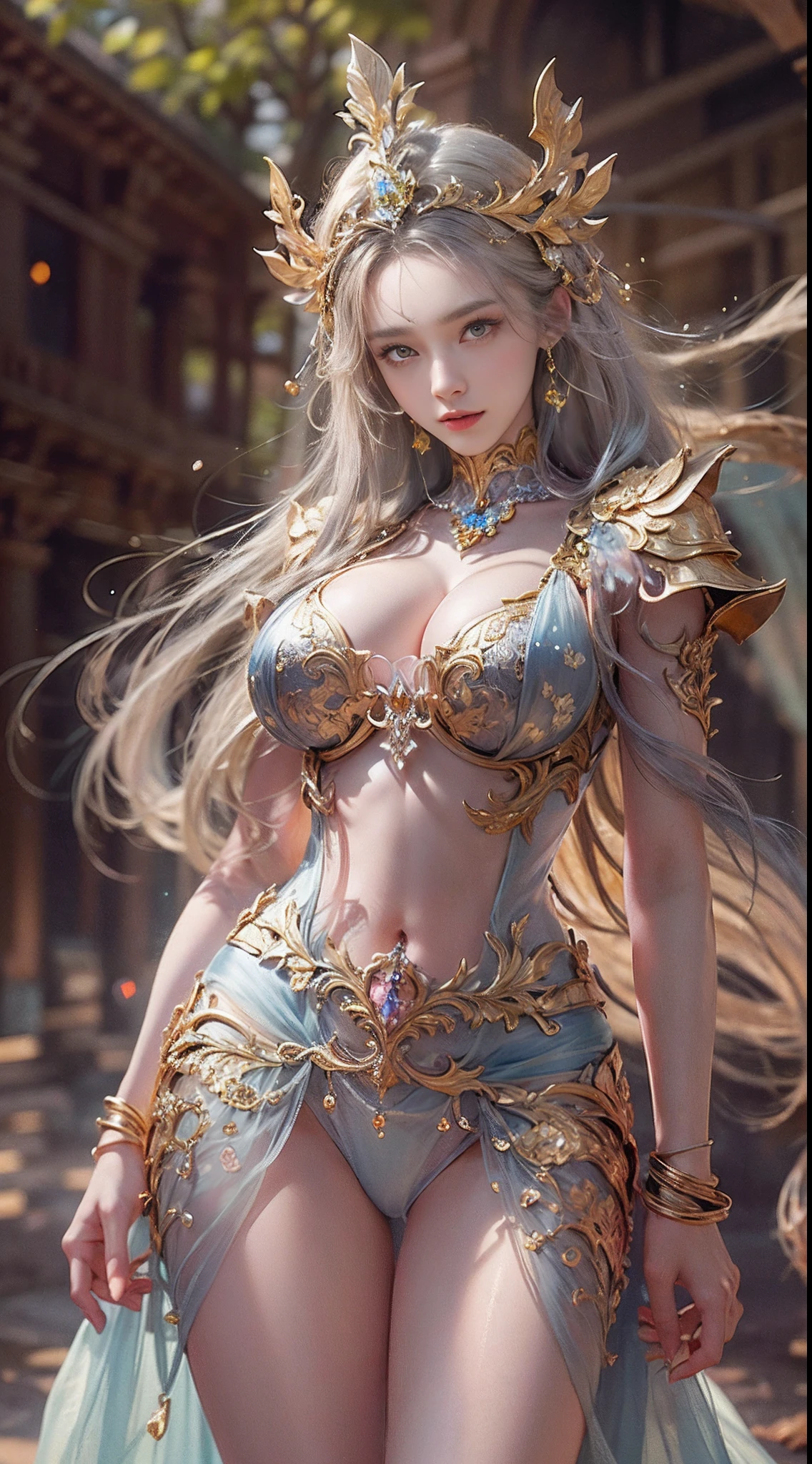 Woman in a golden transparent dress,view the viewer,(((Huge breasts, Large cleavage))),Slim waist,(navel baring,Bare waist), Long hair, Ultra-detailed details,High-end Zhenyi station, Rainstorm site, detailed fantasy art, Stunning character art, Beautiful and exquisite character art, Beautiful gold and silver armor, Extremely detailed, Girl in shiny armor, Exquisite tiaras and jewelry,Crystal jewelry filigree, milky ways, Stunning visuals, (dynamic streaks, light tracks:1.2), Vibrant colors,