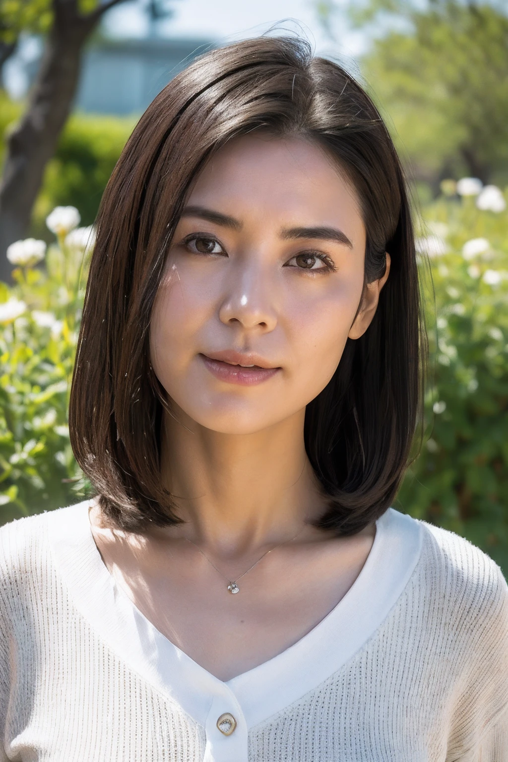 (in 8K, top-quality, masterpiece:1.2), (realisitic, Photorealsitic:1.37), ultra-detailliert, Natural sunlight, mideum breasts, Valley, 1 persons, 35-year-old woman, Dark hair, Pendants, Torn shorts, Light Knit V-Neck Shirt, extremely detailed face and skin, A detailed eye, extremely detailed face and skin