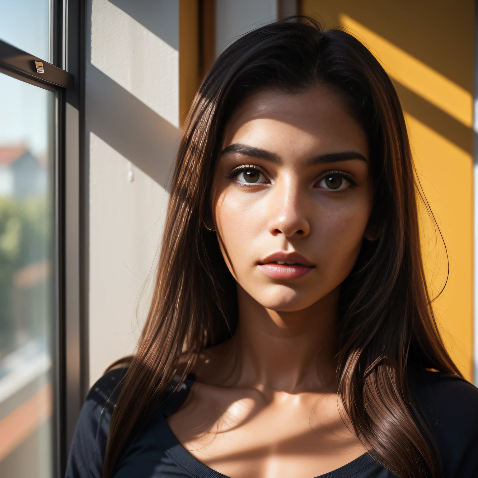 Mulher jovem de 20 anos, roupas de dormir, camisola amarela transparente, no quarto, em casa. ((Autorretrato de rosto frontal)), 8k UHD, DSLR, grain of film, pintura fotorrealista, arte midjourney,