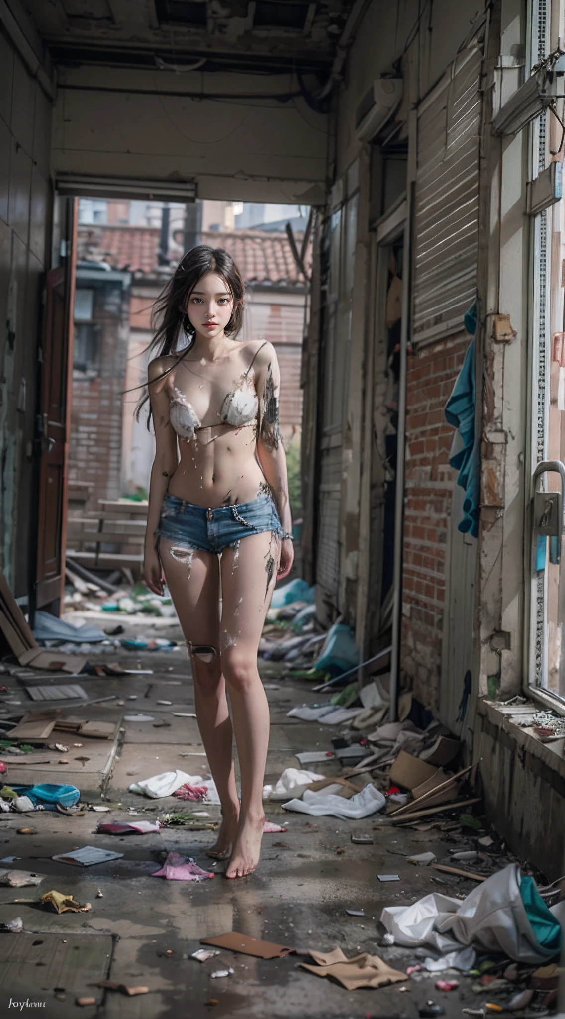 tmasterpiece,abandoned building,Garbage all over the ground,grimy,full-body portraits,Sexy standing pose,Slim legs,very beautiful long slim legs,The barefoot, don't have clothes,Expose body body,Naked all over the body,Random nudity,exhibitionists,Exposing the genitals