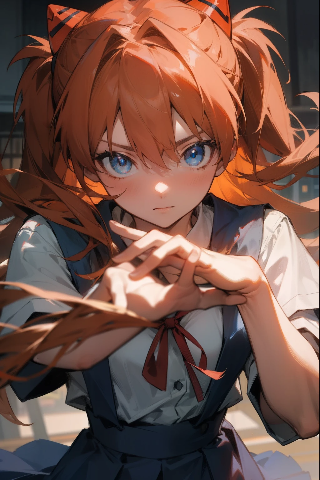 asukalangley, asuka langley soryu, blue eyes, hair between eyes, headgear, interface headset, orange hair,
BREAK red ribbon, ribbon, school uniform, skirt, suspender skirt, suspenders, tokyo-3 middle school uniform,
BREAK outdoors, city,
BREAK looking at viewer, BREAK (masterpiece:1.2), best quality, high resolution, unity 8k wallpaper, (illustration:0.8), (beautiful detailed eyes:1.6), extremely detailed face, perfect lighting, extremely detailed CG, (perfect hands, perfect anatomy),