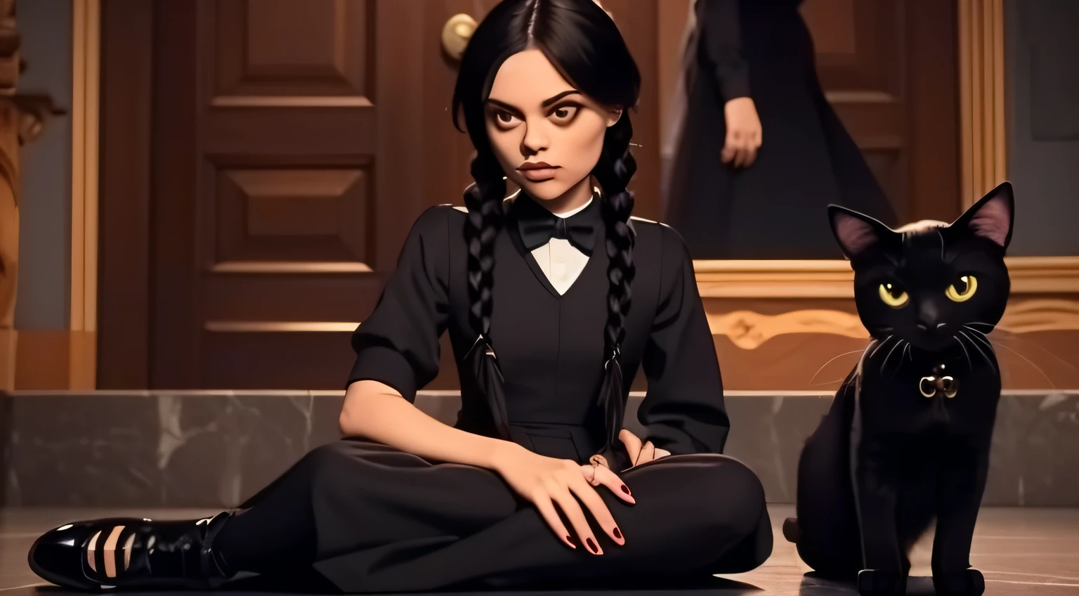 Wednesday Addams ((olhar de maldade)) ,Black long dress and its unique braids, com uma ((gato preto no colo))