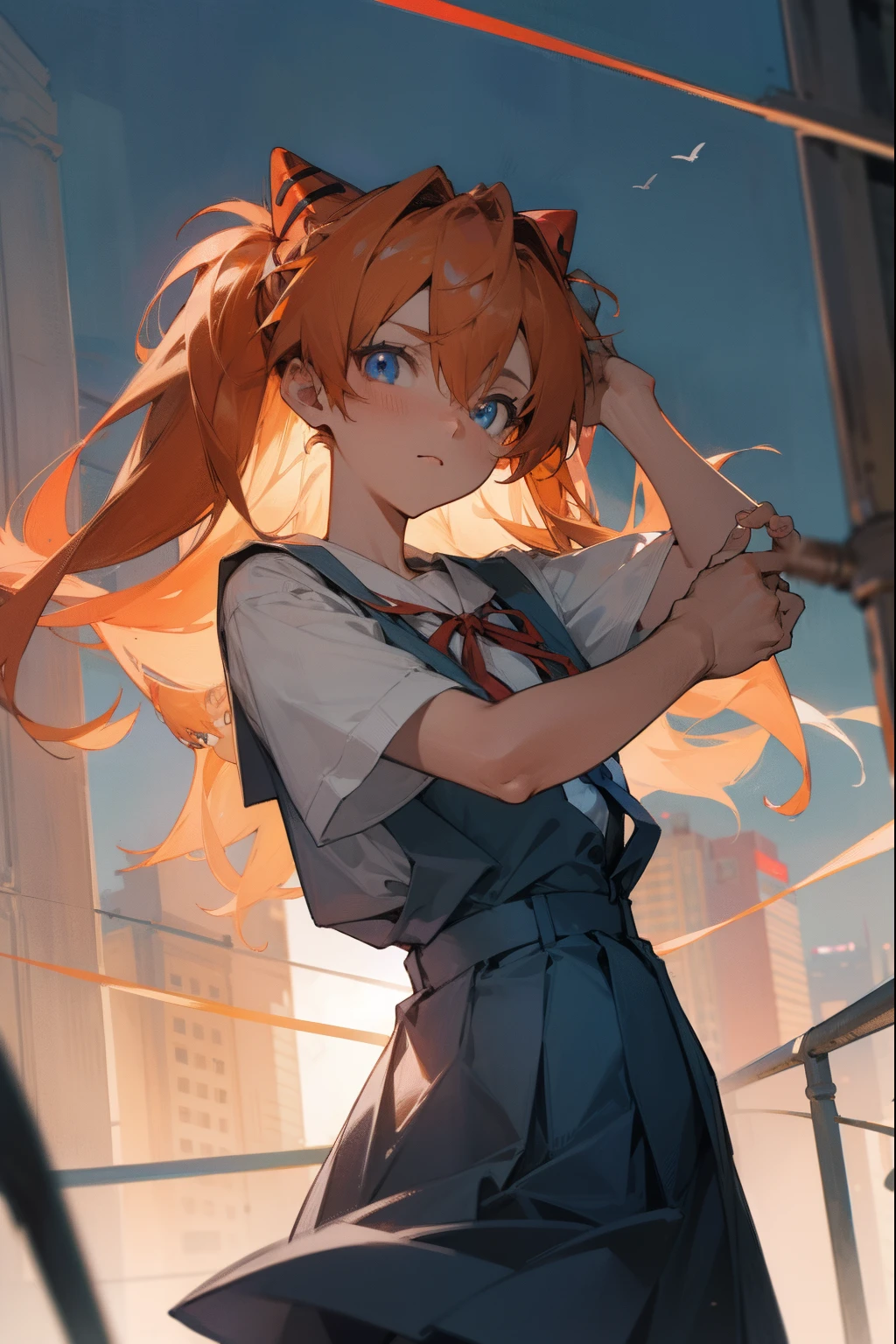asukalangley, asuka langley soryu, blue eyes, hair between eyes, headgear, interface headset, orange hair,
BREAK red ribbon, ribbon, school uniform, skirt, suspender skirt, suspenders, tokyo-3 middle school uniform,
BREAK outdoors, city,
BREAK looking at viewer, BREAK (masterpiece:1.2), best quality, high resolution, unity 8k wallpaper, (illustration:0.8), (beautiful detailed eyes:1.6), extremely detailed face, perfect lighting, extremely detailed CG, (perfect hands, perfect anatomy),