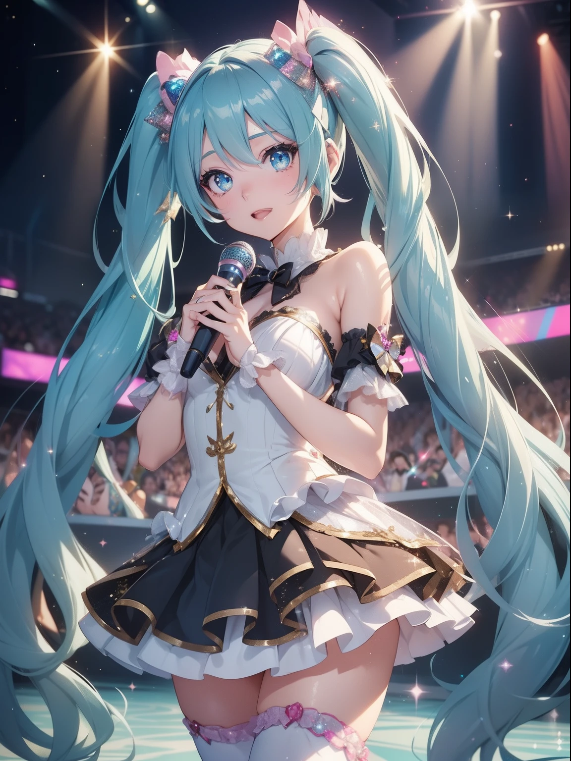 masutepiece, High resolution, 8K, anime woman, Delicate and detailed writing 、Detailed digital illustration、Very long hair and shiny、Bangs、a very beautiful woman、Eyes are double, Large, Bust is D cup、High image quality, High quality、Detailed background、(((Wearing idol clothes)))、((Glittering live stage backdrop))、The inside of the eye shines like a diamond、Pale light blue hair、Gradient pupil、(((2 arms、4 fingers, 1 thumb)))、Detailed female face、Very beautiful and cute woman、、细致背景、​masterpiece、Soft Focus , Bright gradient watercolor , Lens Flare , (((Glitter))) , Glow , Dreamy , (((Holding a glitter microphone in your hand)))、a miniskirt、Idol、((miku hatsune))、(((Pigtails)))、Laughing