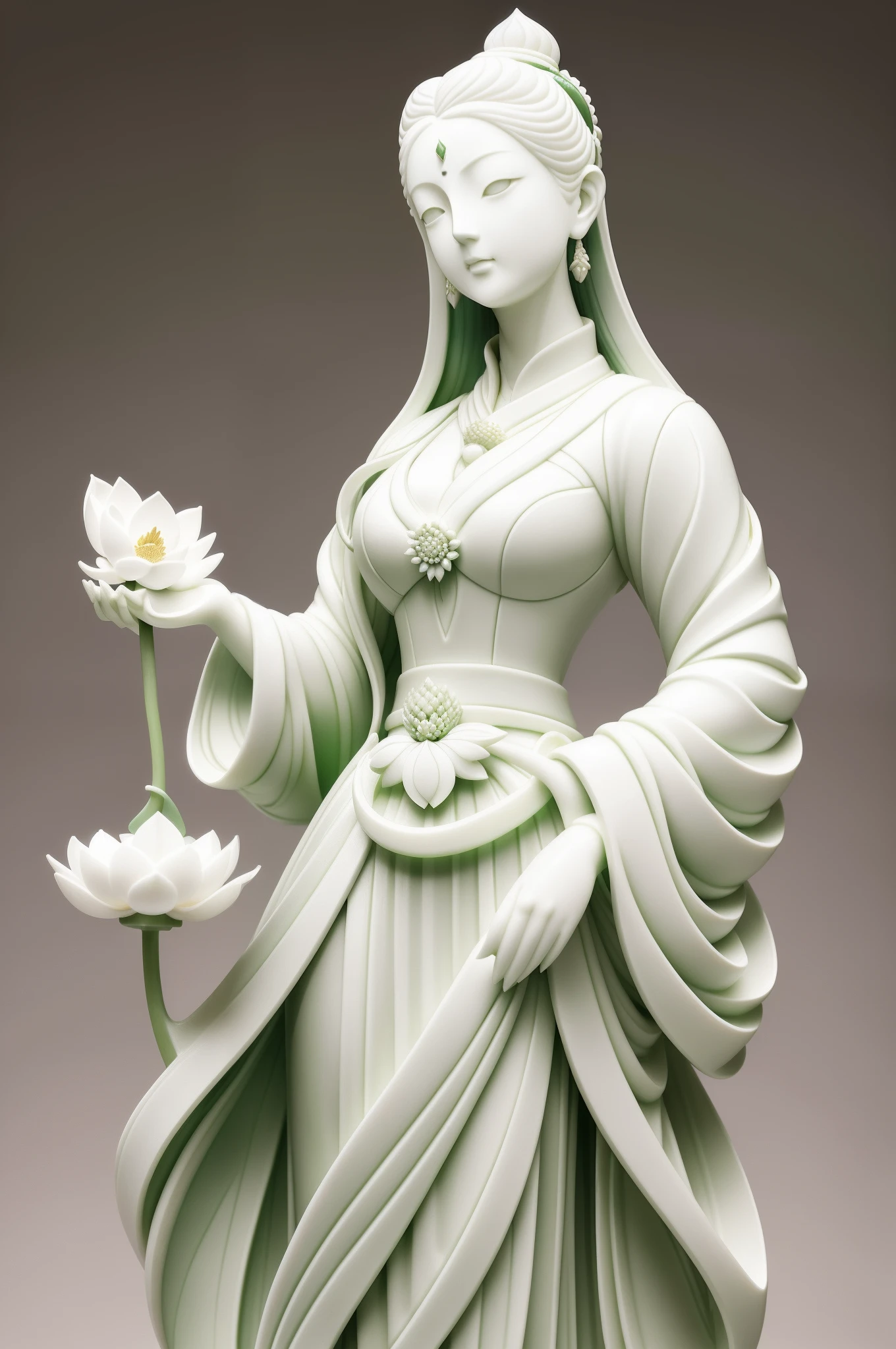 (Statue of a woman holding a lotus leaf),(White statue 1.2),(Light green lotus leaves:1.2),(White lotus:1.2),by Russell Dongjun Lu, james jean and wlop, (porcelain sculpture), pop japonisme 3 d ultra detailed, highly detailed sculpture, inspired by Fei Danxu, (jade sculpture),