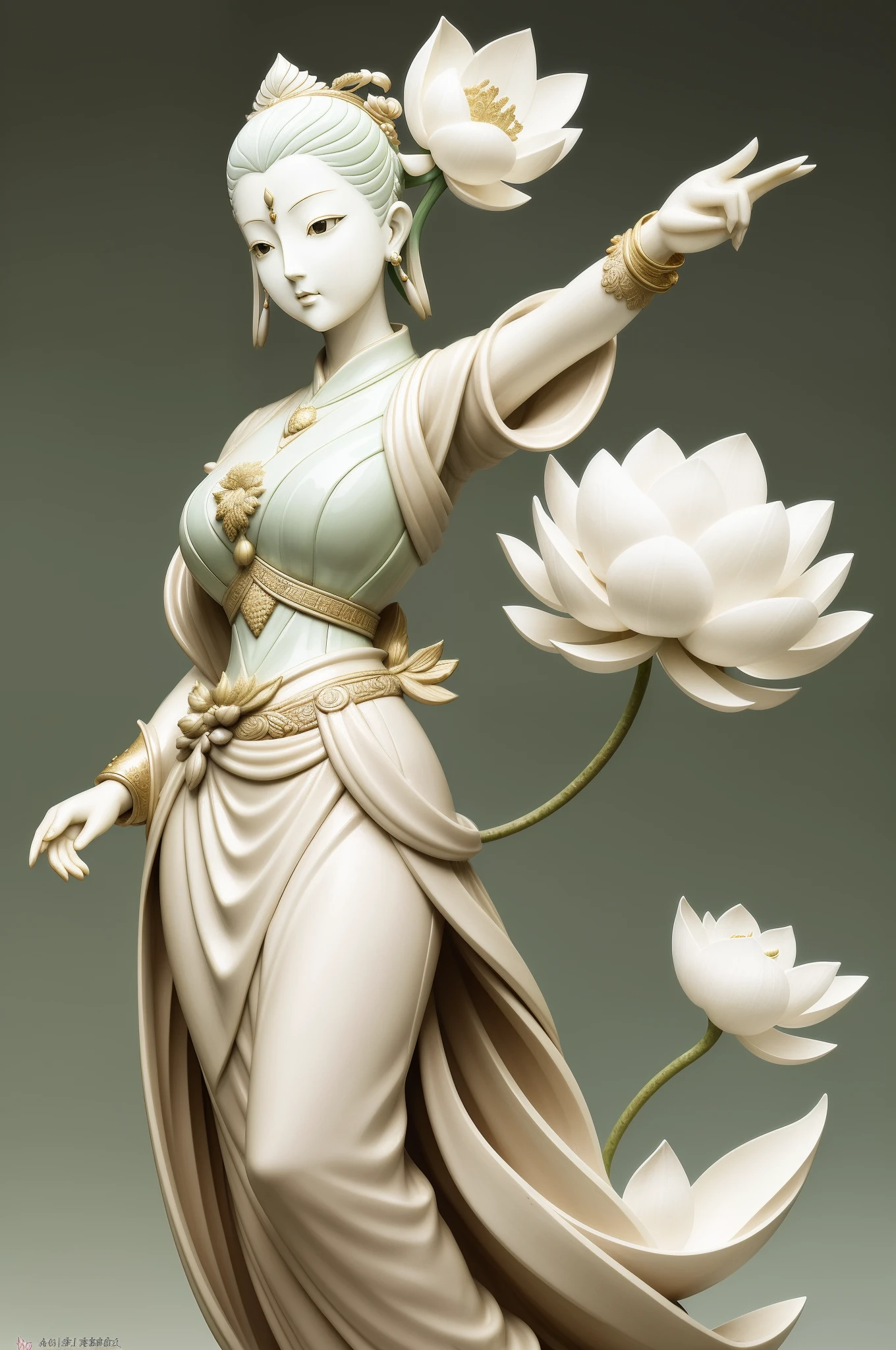 Statue of a woman holding a lotus leaf, by Russell Dongjun Lu, james jean and wlop, porcelain sculpture, pop japonisme 3 d ultra detailed, highly detailed sculpture, inspired by Fei Danxu, jade sculpture,