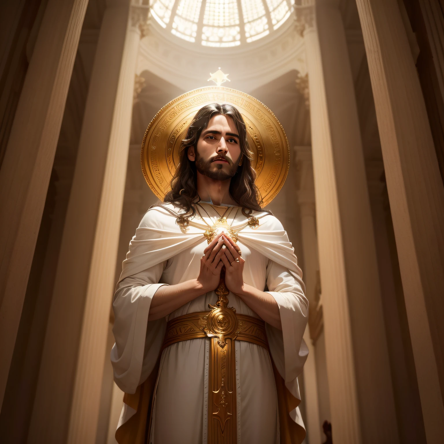 Jesus Cristo com aspecto resplandecente com roupas de sacerdote, Before the Ark of the Covenant with Pure Golden Male Cherubim. imagem celestial, Image with very high lighting quality, Very high resolution image, image with very high coloration, imagem hiperdetalhada, imagem hiper realista e muitas pessoas em sua volta