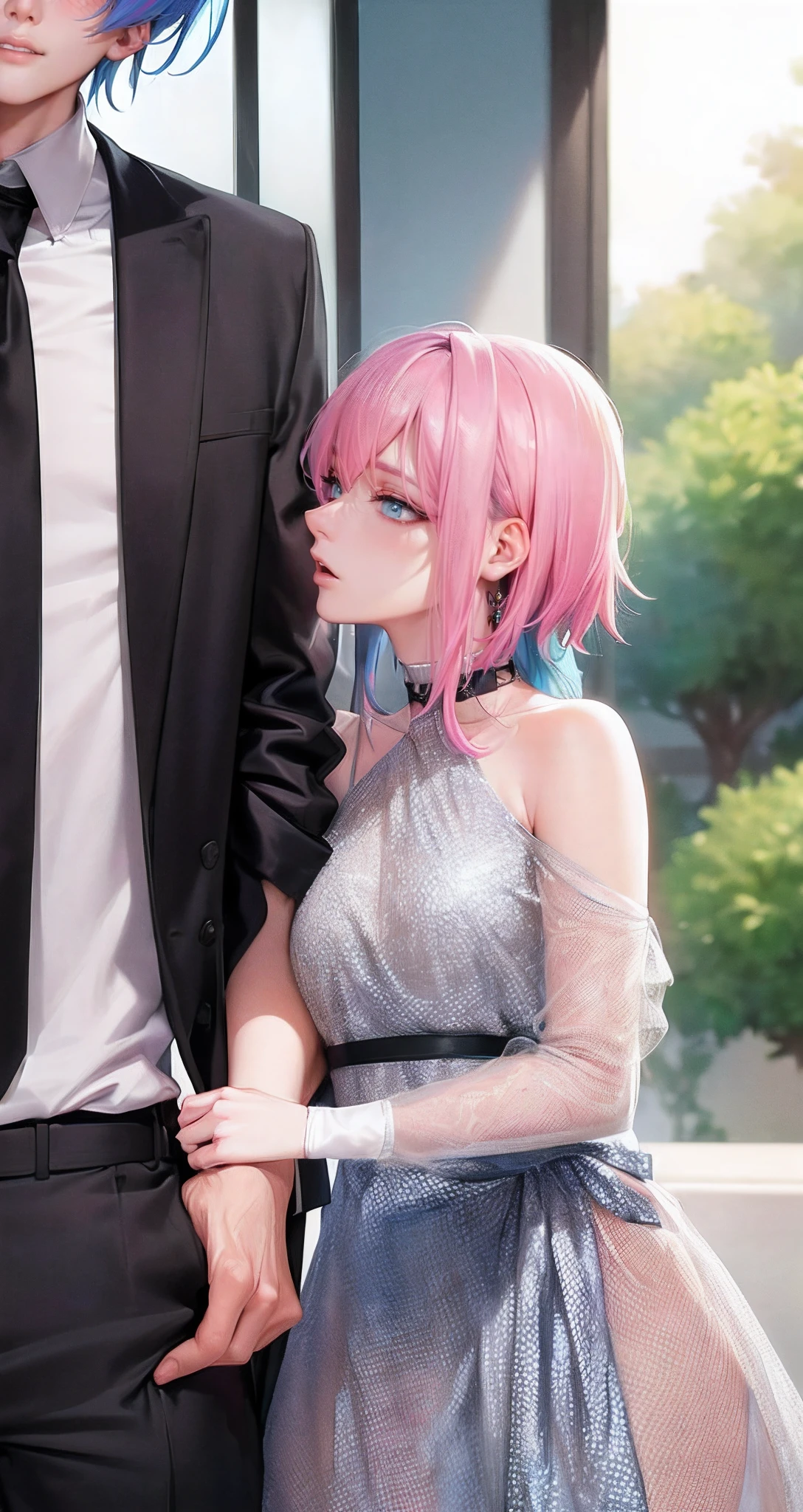 ((Male and female couples)), window, Idol Photos, Photos of actors, Professional Photos, Height difference, tall male, Happiness, youthfulness, extra detailed face, detailed punk hair, very detailed character, inspired by Sim Sa-jeong, Cai Xukun's, detailed realistic faces, highly detailed realistic face, high detailed face anime, realistic detailed face, Accurate detailed face, attractive androgynous humanoid, Cool Korean fashion in black, ((With a man with light blue hair)), ((Woman with pink hair)), ((Woman with long hair below waist)), ((Man with short hair over ears)), ((Pink hair woman with gentle expression)), ((Man with light blue hair with wild expression)), high-level image quality, masterpiece, Photographed so that the whole body can be seen, Photographed to make clothes look beautiful, Take your eyes off, ((two individuals)), ((British couple))