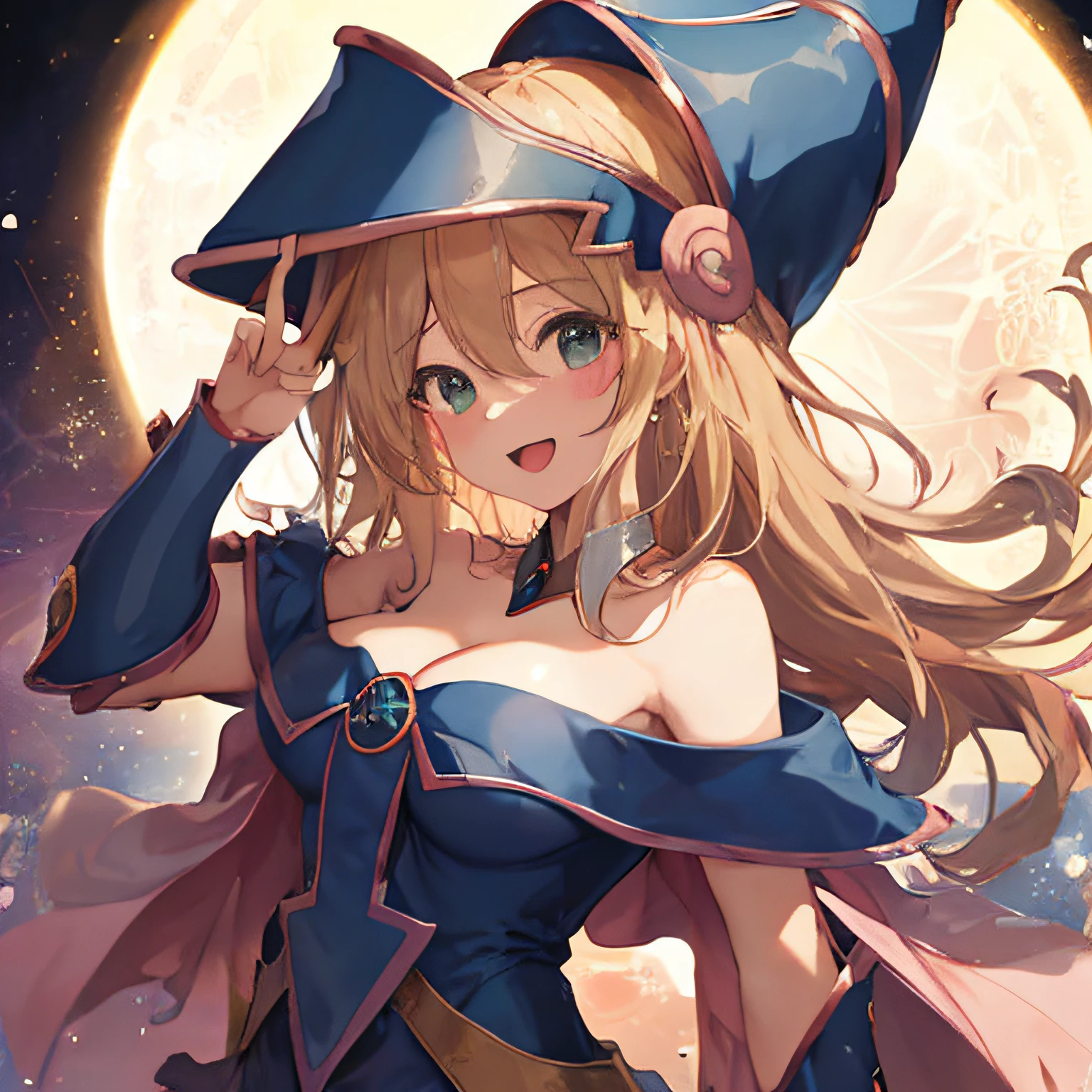 ((masterpiece:1.2, best quality)), 1girl, solo, (witch hat), blonde, long hair, skirt, aurora, night, stars (sky), gloves, sky, white skirt, night sky, open mouth, starry sky, blue eyes, ribbon, long hair, red dress, smile, headband, cape, blue hair, (bird), magic, spell casting, dark clouds, night, (impressionist: 1.4), (tarot: 1.3), Alphonse Mucha