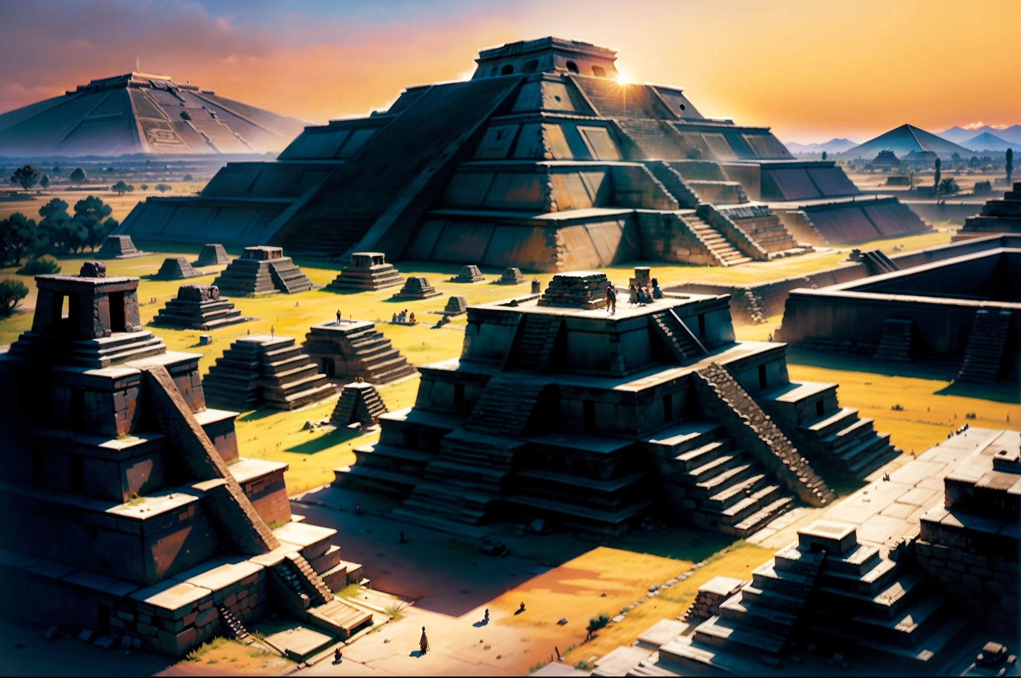 full scene, panoramic view, sunset, golden hour, Teotihuacan, 300 A.D., natives building collective dwellings made of stone, In the background the immense pyramid of Teotihuacan, art by Barry Windsor- Smith.