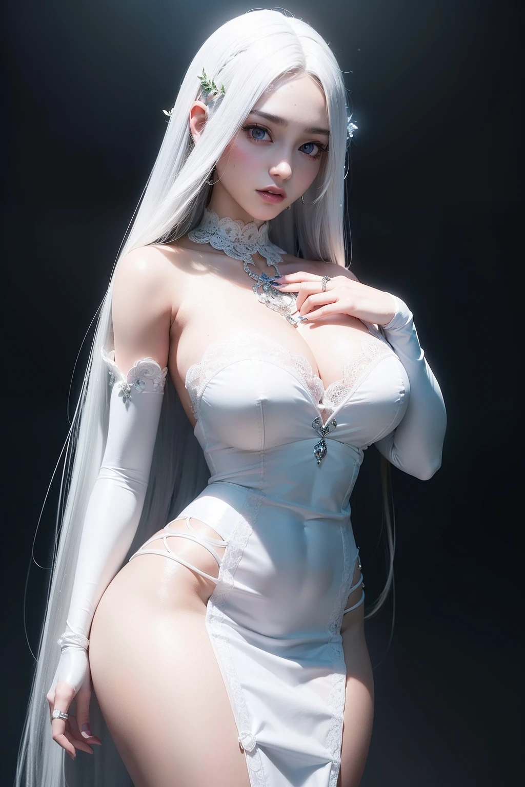 (((druid fantasy aesthetic))) ((beauty slim shape)) perfect skin, hyperrealistic masterpiece, (((in extremely complex & superdetailed white doll dress))), cinematic illumination: 8k, symmetrical eyes, realistic, sharp focus, HD, highly detailed, intricate, photography, hyperrealism, hyperrealistic, film, studio portrait, detailed, dramatic lighting, maximum definition and sharpness, (((highly detailed external glowing lighting))), (((long hair)))